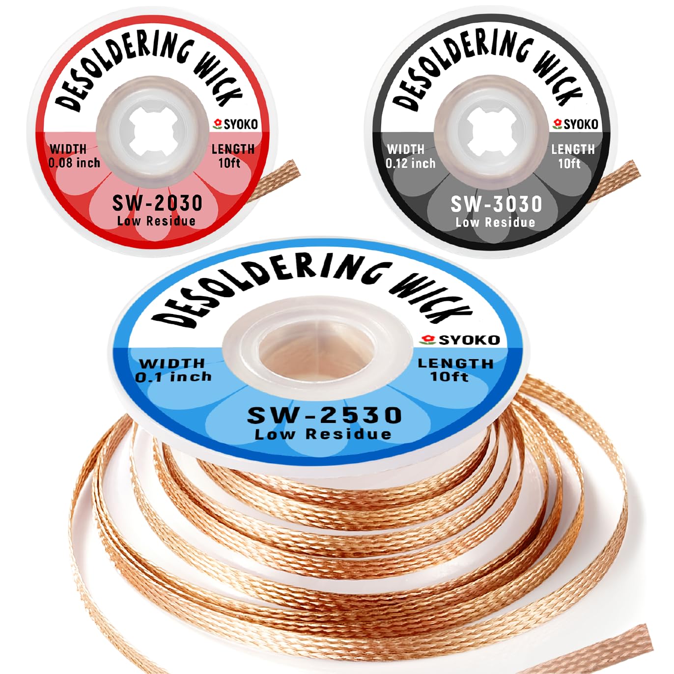 SYOKO 3 Pack Desoldering Wick, Braid Length 10ft/3M Width (2.0mm、2.5mm、3.0mm), No-Clean Solder Remover Wick, Used to Remove the Solder and Disassemble Electronic Components - (MIXED)