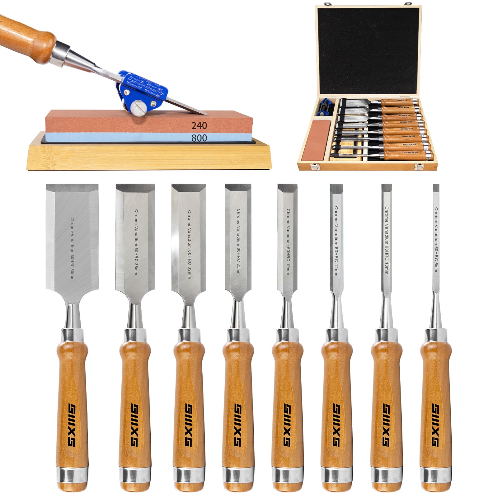 Juego de cinceles profesionales para madera, juego de 8 cinceles para carpintería con 1 guía de afilado, 1 piedra de afilar