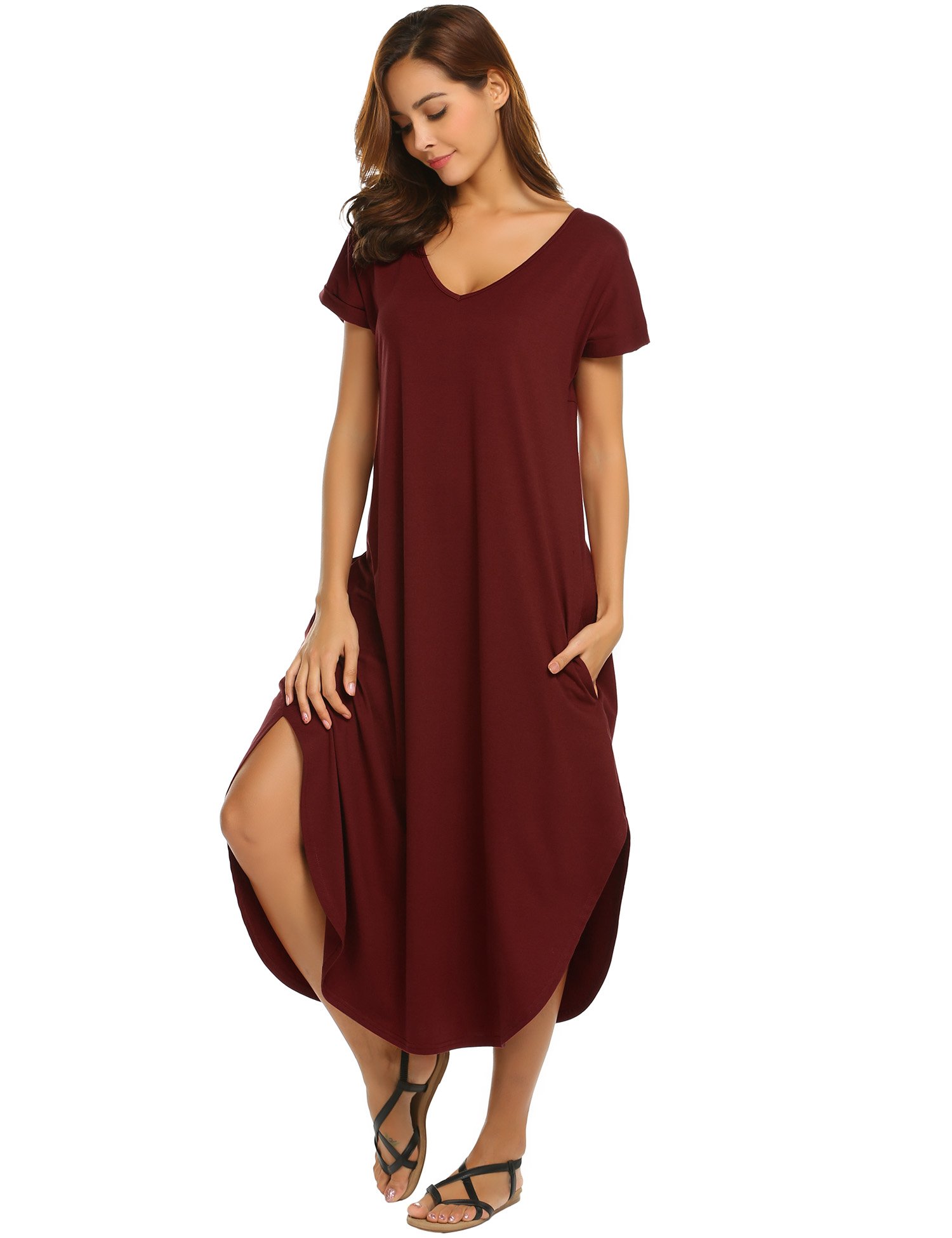 ADOMEWomen's Long Nightgown Nightdress Plus Size Nightshirt Short Sleeve Night Dress V Neck Sleep Dress Casual Sleepwear with Pockets