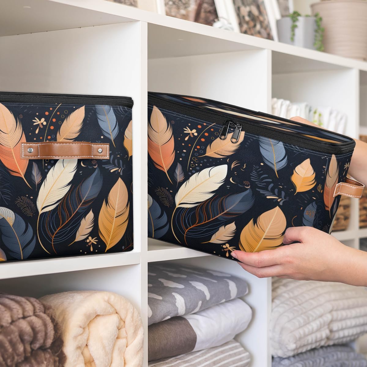 Storage Bin Set of 2 Ethnic Feathers Storage Basket with Zipper Lid & Handle Foldable Closet Shelf 2 Pack Cloth Organizer Basket Cube Bins Clothes Organizer for Bedroom, Nursery