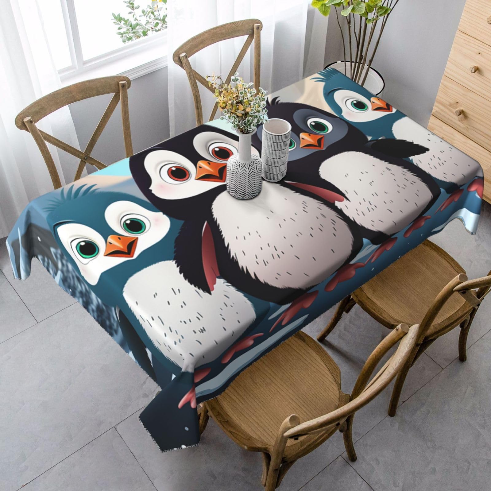Nappe rectangulaire rustique infroissable anti-deversement avec cinq pingouins mignons de table