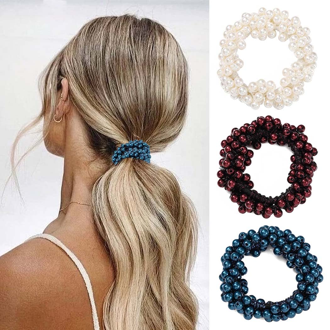 Unicra Pearl Hair Ties Beaded Fancy Elastic Hair Scrunchies Set Fashion Decorative Ponytail Holder Pearls Hair Accessories for Women and Girls 3PCS (Pearl-B)