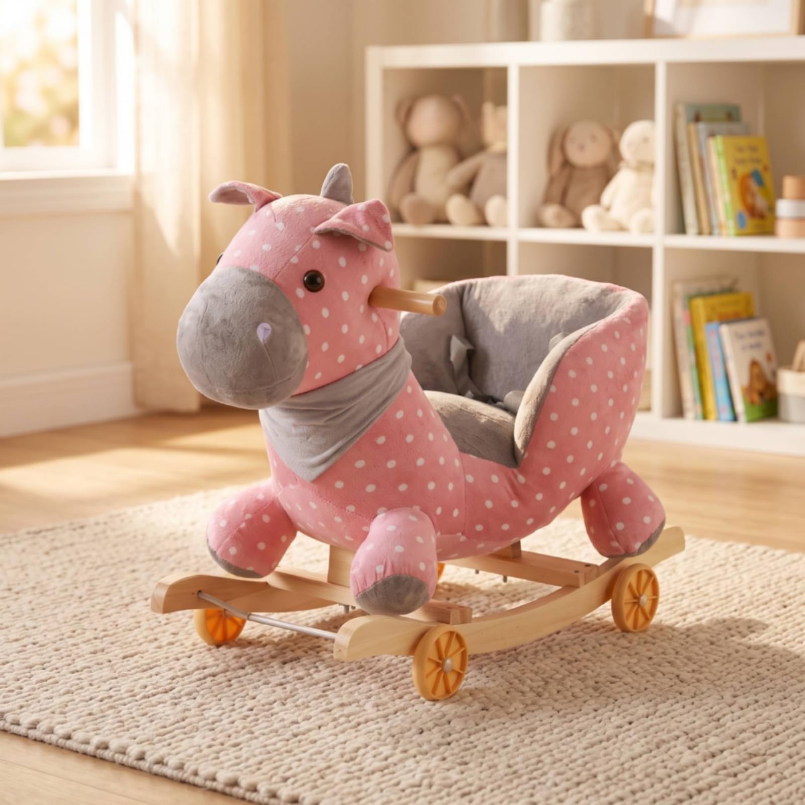 Cavallo a Dondolo con Ruote Morbido Cavalluccio a Dondolo Felpato Robusto Giocattolo per Bambini, Cameretta, color to 2, 60 28 50CM