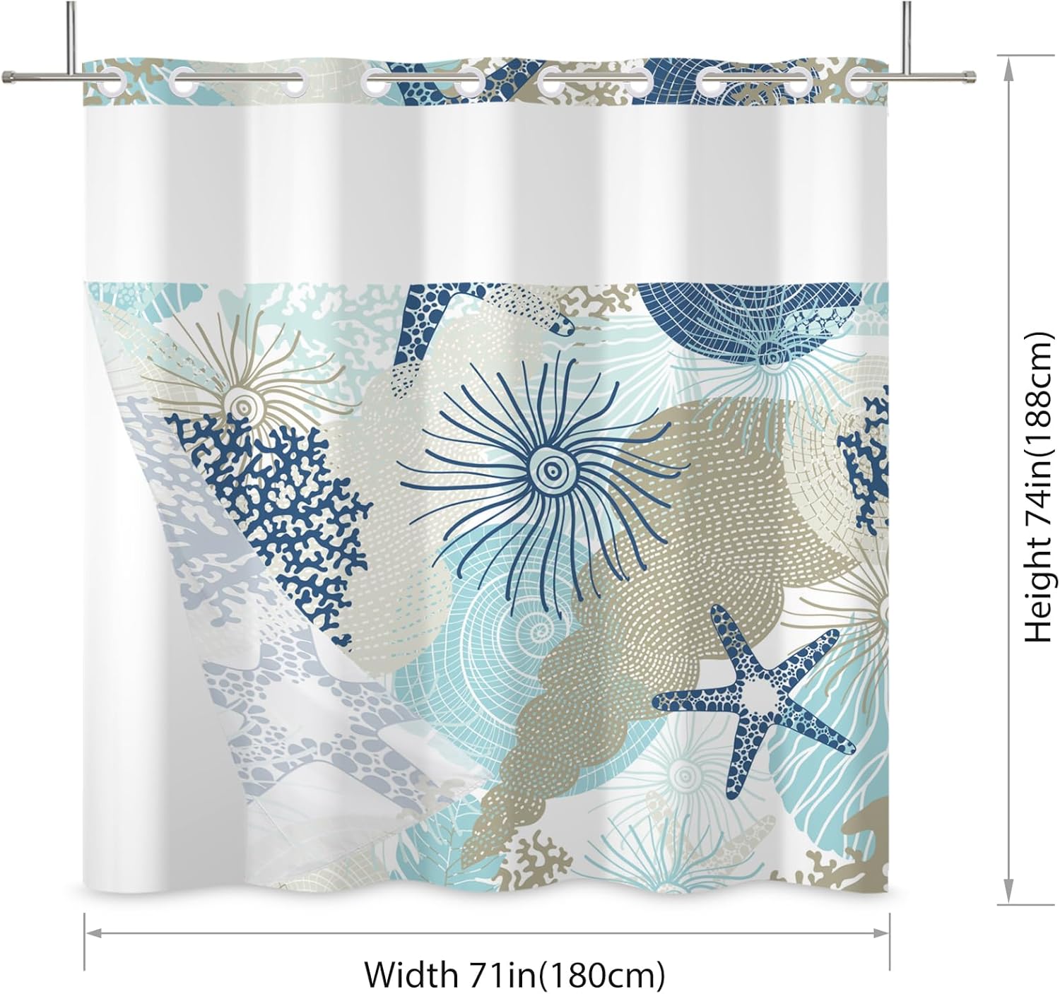 No Hook Shower Curtain,Blue Ocean Double-Layered Shower Curtain with Snap-in Liner and Weights,Starfish Coral Nautical Coastal Fabric Bath Curtain with See Through Mesh, 71x74in