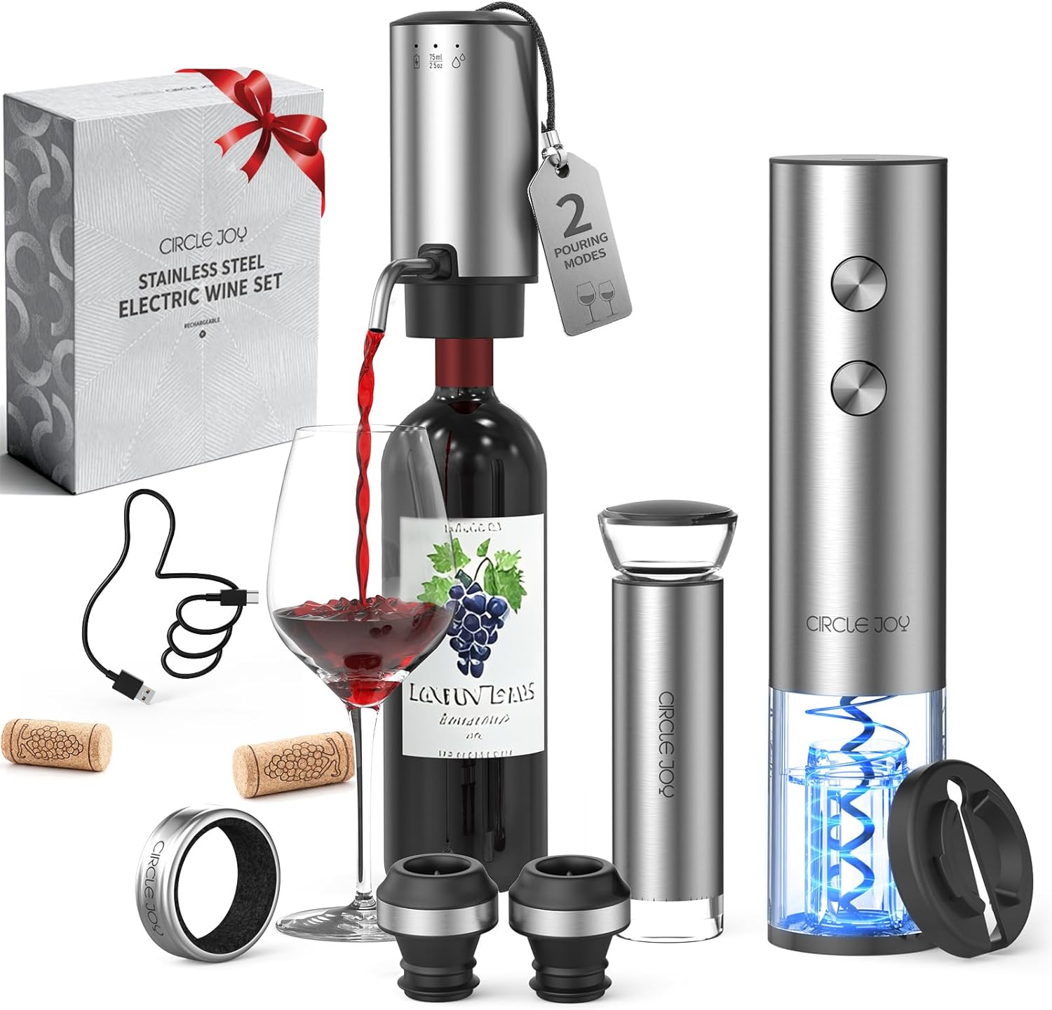 CIRCLE JOY Rechargeable Electric Wine Opener Set 8-in-1 Stainless Steel Automatic Wine Bottle Opener Gift Set w/Electric Wine Aerator Pourer, Foil Cutter, Wine Drip Ring, Vacuum Pump &amp; 2 Wine Stop