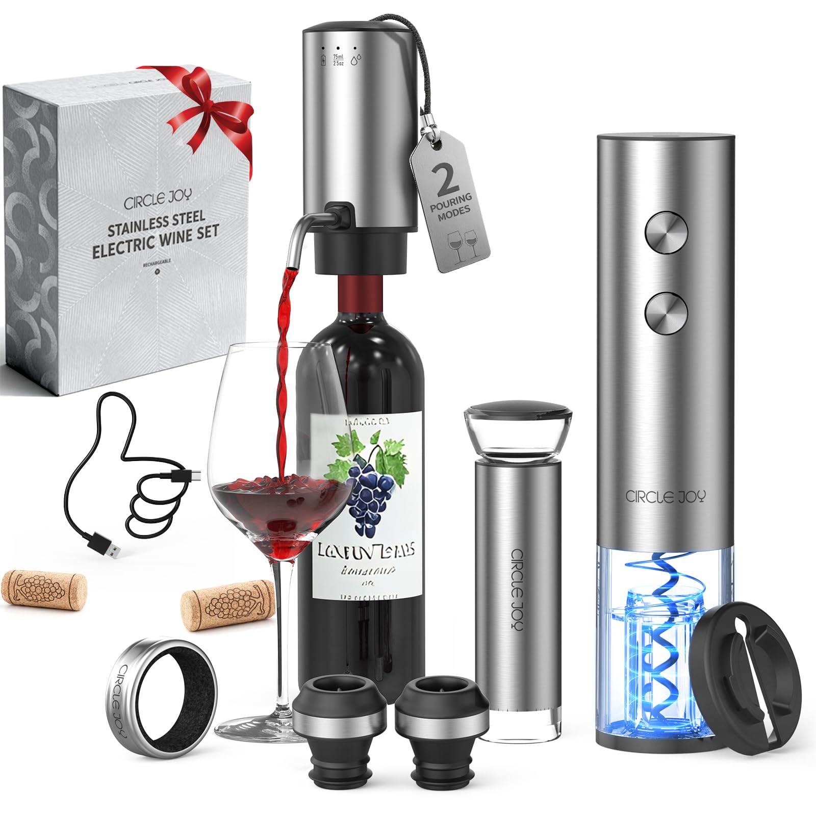 CIRCLE JOY Rechargeable Electric Wine Opener Set 8-in-1 Stainless Steel Automatic Wine Bottle Opener Gift Set w Electric