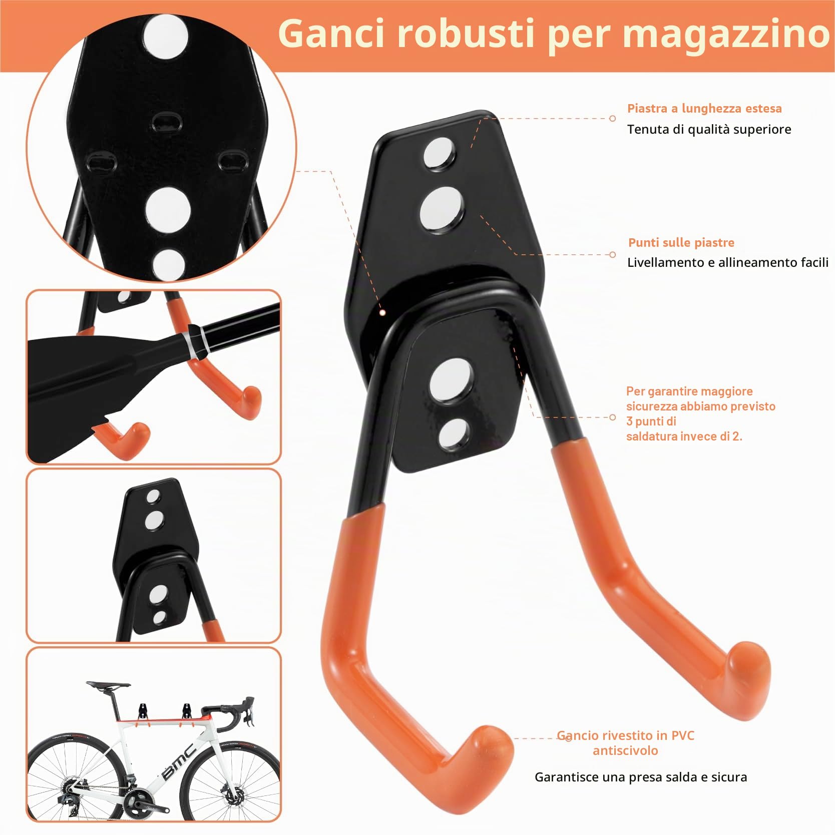 Sinoer 51 "tutto in metallo per garage/attrezzi da giardino, organizer da parete per garage e stoccaggio con piccoli ganci per garage a U per garage, bicicletta, scala, bicicletta, (3Rails)