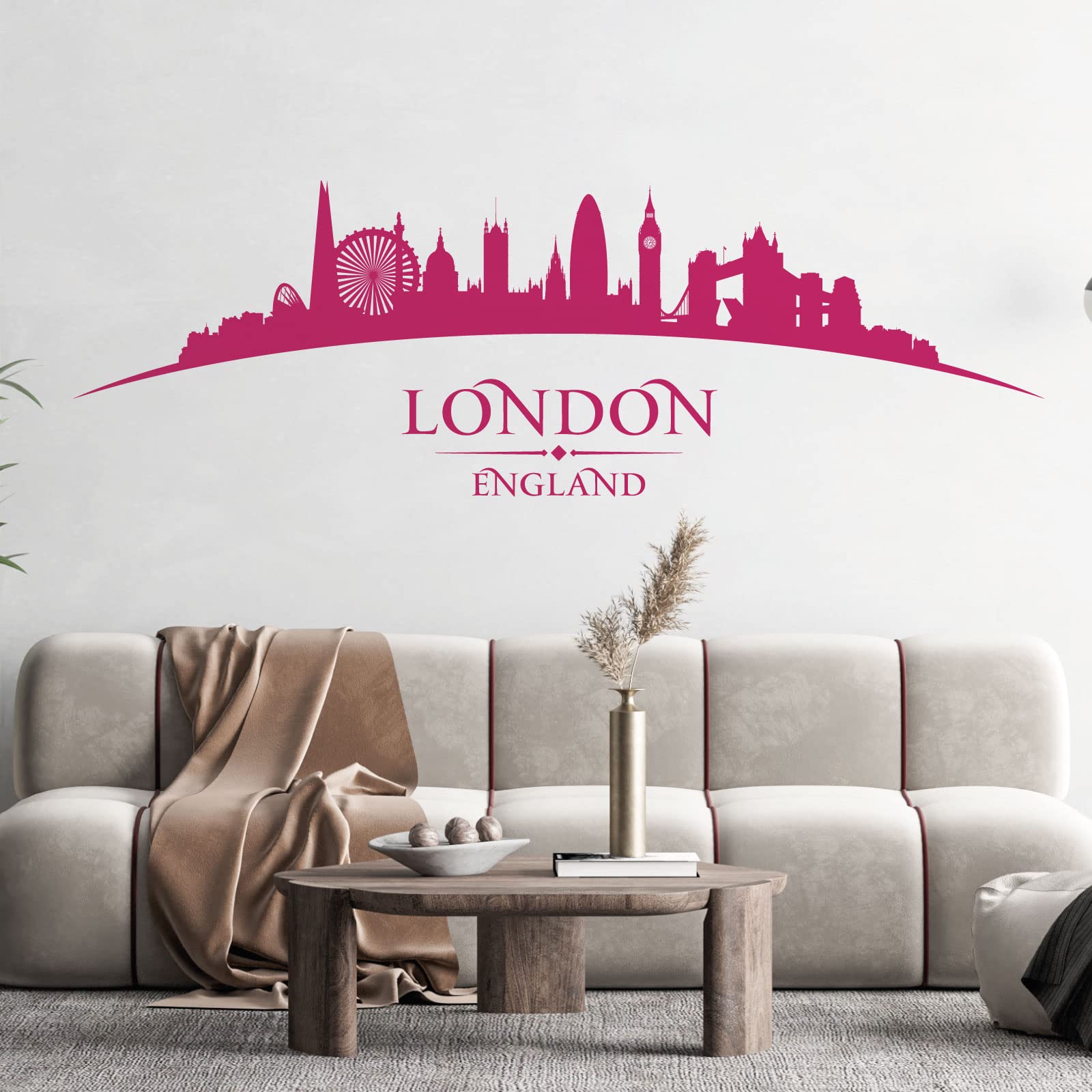London City England Skyline - London Eye, Tower Bridge, Big Ben, Westminster, Shard - Bedroom Living Room Wall Art Sticker [XLarge] [Magenta]