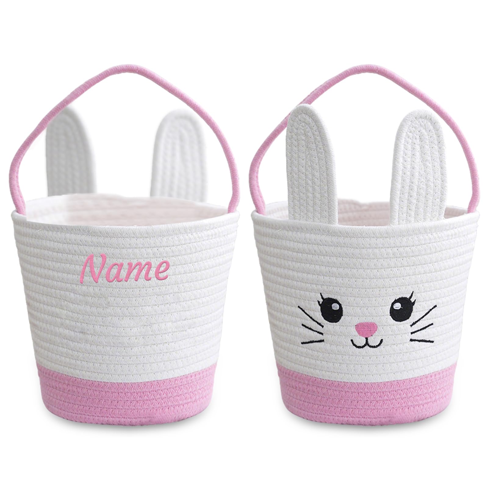 Personalized Easter Basket for Kids with Name - Custom Cute Embroidery Easter Bunny Rope Basket for Boys Girls, Easter Egg Hunt Basket (