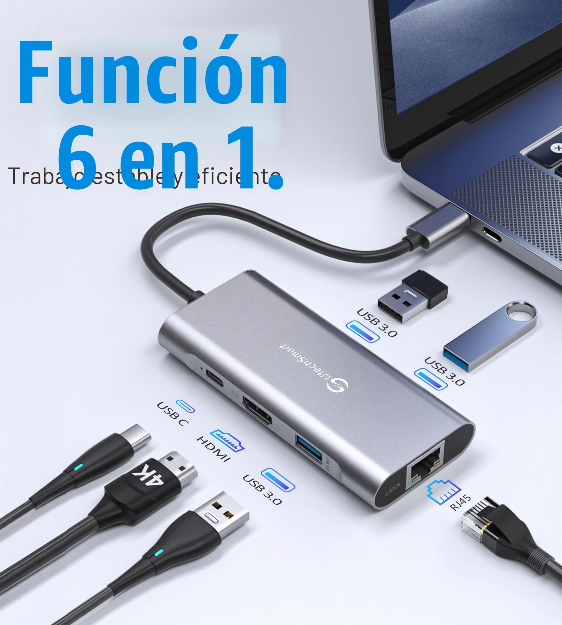 UtechSmart - Hub USB C 6 en 1 Adaptador USB C a HDMI con 1000M Ethernet, Puerto de Carga PD Tipo C, 3 Puertos USB 3.0 Adaptador Compatible con MacBook Pro, Chromebook, XP y Dispositivos USB C
