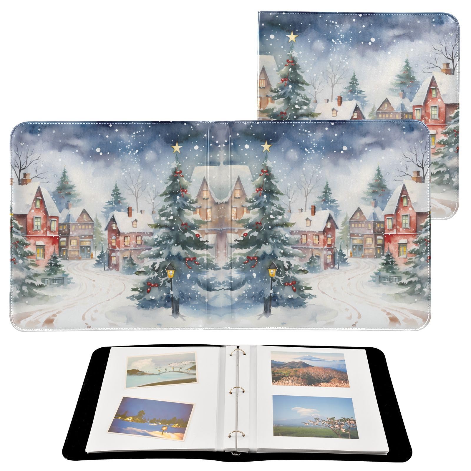 JIPONI Christmas Tree Snow Large Photo Album, DIY Leather Cover Scrapbook Albums for 4x6 5x7 6x8 Pictures, Self Adhesive Memory Book for Wedding, Baby, Family