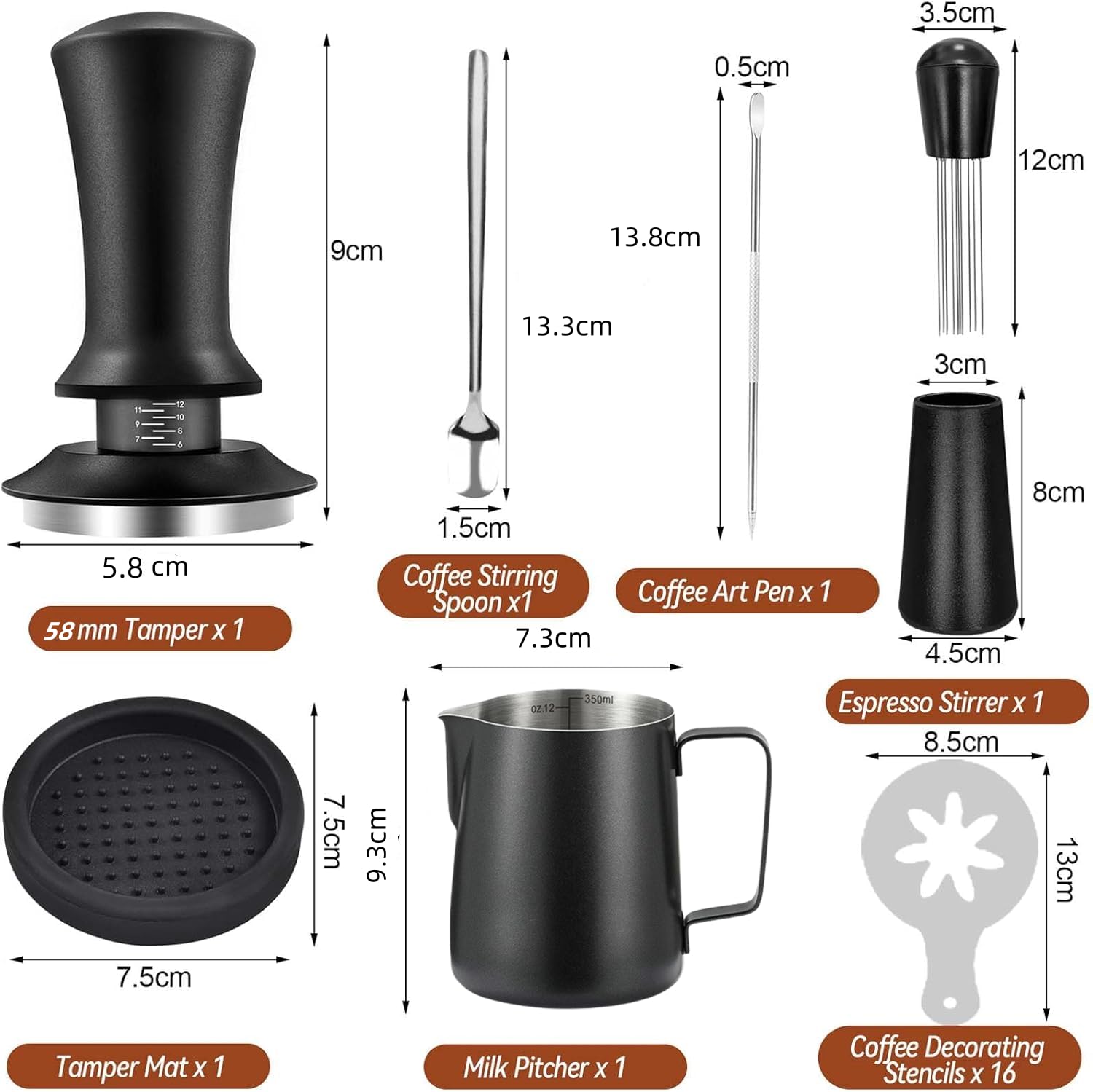 Lot de 22 accessoires pour expresso, tampon à café 58 mm, kit de barista, avec pichet à mousse, outil WDT, agitateur, tapis de tamper, pochoirs à café, stylo à latte