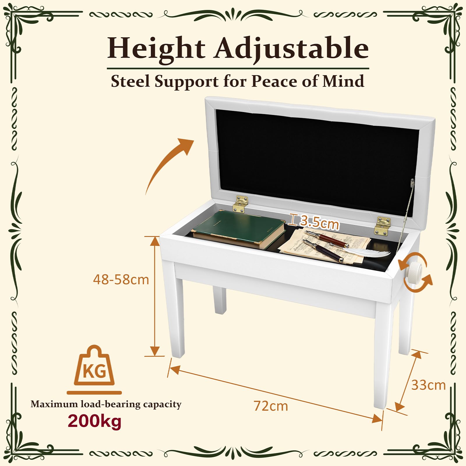 Clevich Sgabello per pianoforte, regolabile in altezza, 48 – 58 cm, con vano portaoggetti, panca per pianoforte con cuscino in pelle PU, sedia per pianoforte, resistente, portata fino a 200 kg, Bianco