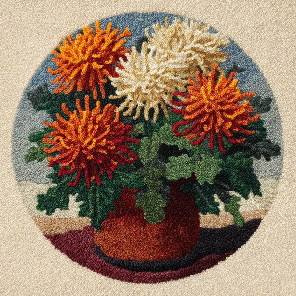kitphoenix Round DIY Latch Hook Rug Kits Chrysanthemum 20X20Inch (50X50Cm) Easy for Beginners Round Carpet Crochet Yarn Craft Large Rug Hook and Latch Tapestry for Home Decor