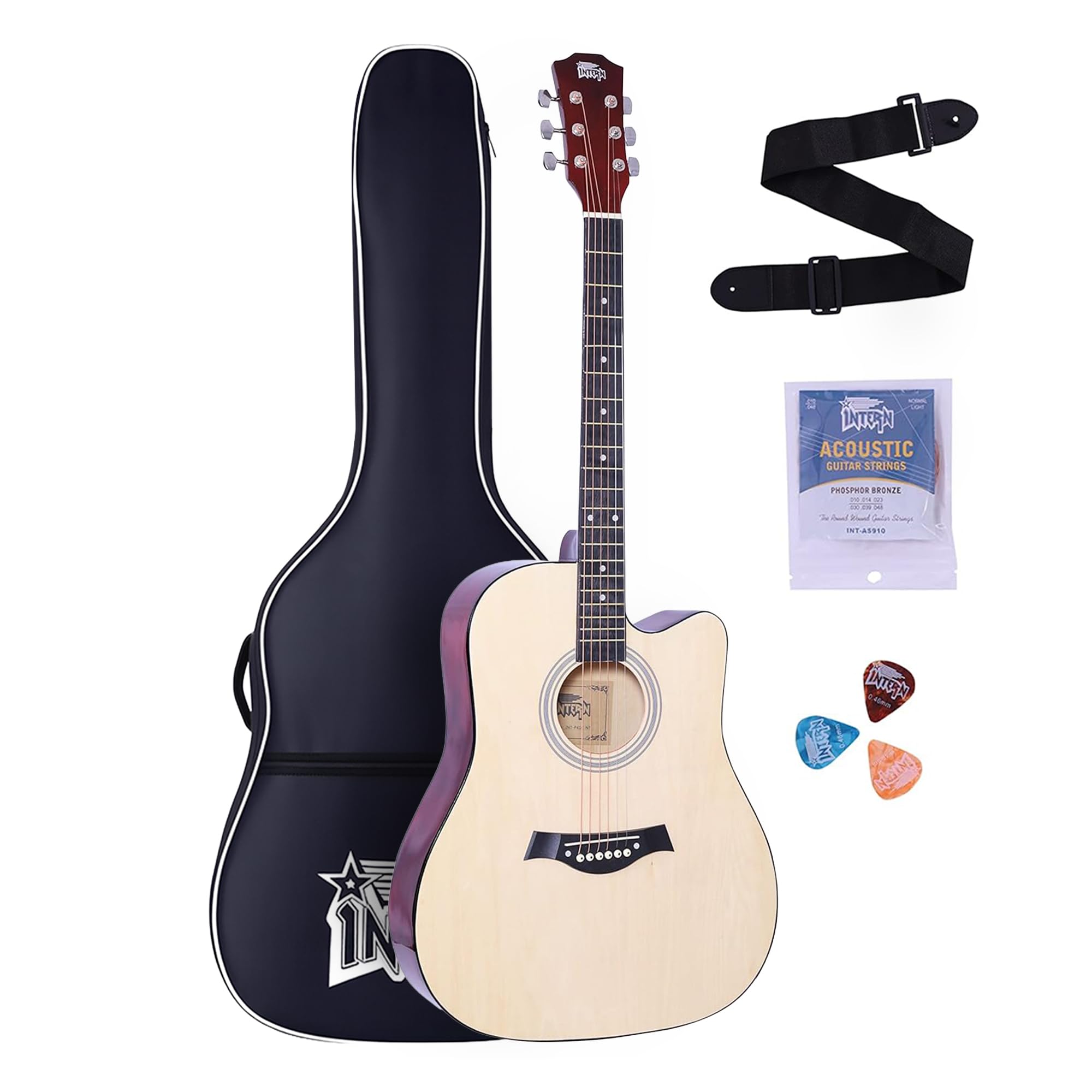 INTERN 41-Inch Acoustic Guitar for All | 6-String Right-Handed Guitar with Truss Rod, Gig Bag, Strings, Strap & Picks | Superior Wood Build for Rich Sound (Natural)
