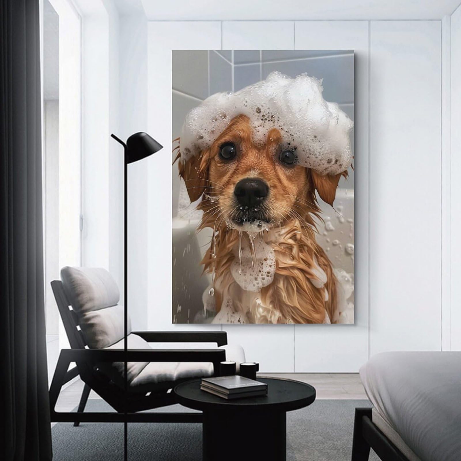Junmoney Dog Bath Time Wall Art Print 24x36inch(60x90cm), for Picture Wall Styling in Lounge Or Bedroom, A Versatile Canvas Print for Layering