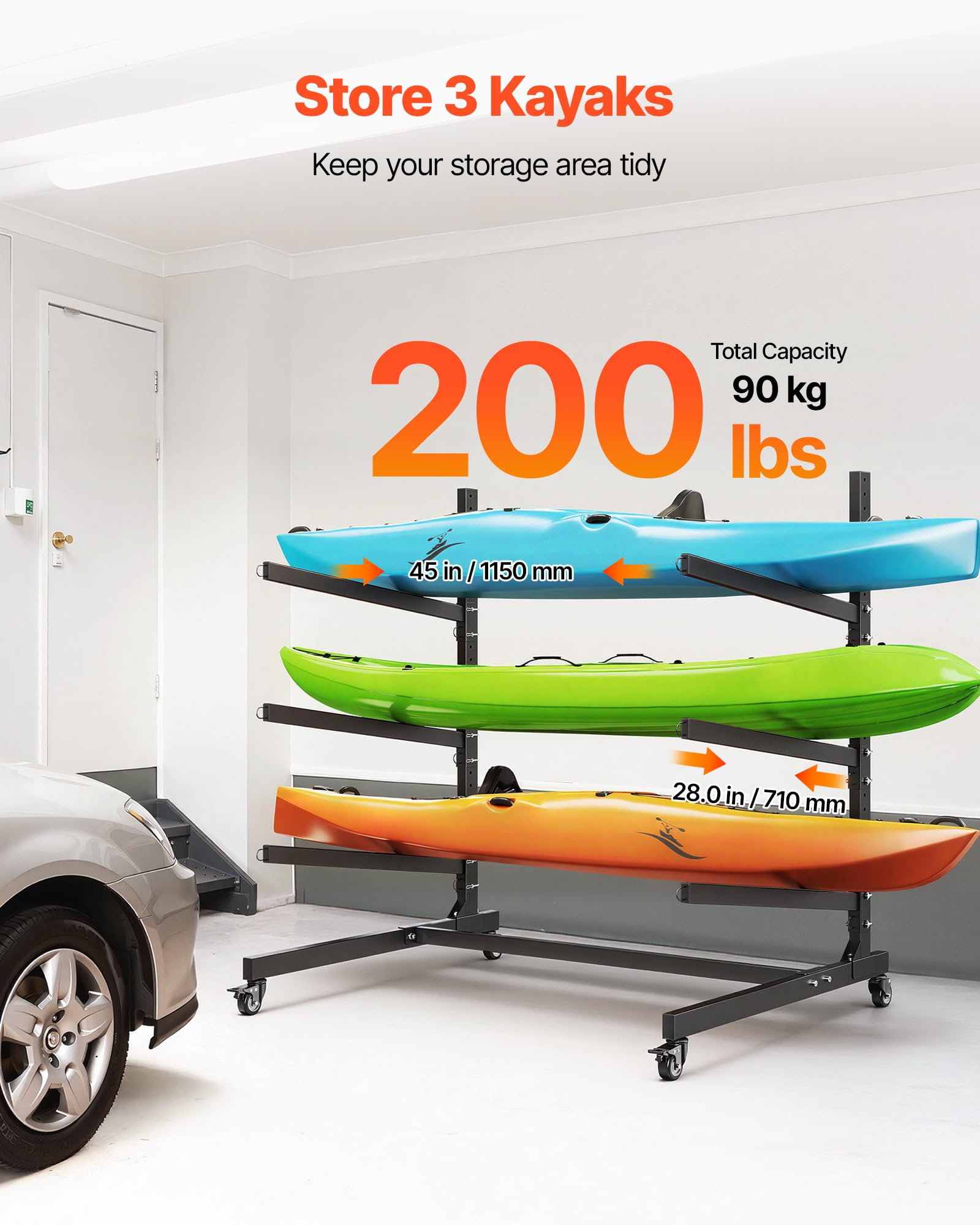 VEVOR Freistehendes Kajak-Aufbewahrungsregal für 3 Kajaks/Kanus/Surfbretter/Paddleboards, Kajakständer mit Feststellbaren Rollen für den Außen- und Innenbereich, Einstellbarer Kajakhalter 90 kg