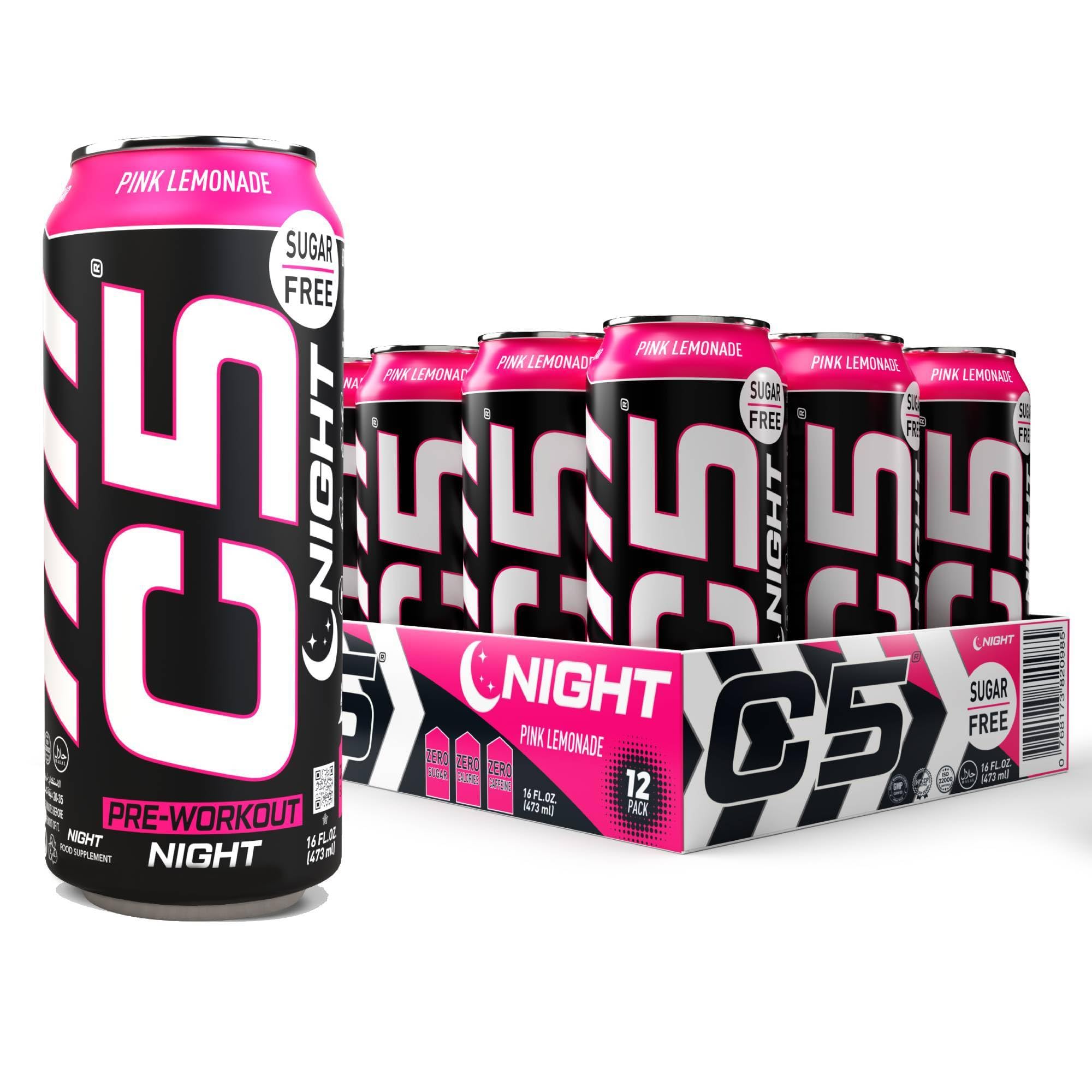 C5 Drink Night Pink Lemonade, Pre Workout, Zero Caffeine, Sugar Free, Zero Calories with Beta Alanine, L-Arginine 16fl.OZ, 473ml Caffeine Free Preworkout Pack of 12