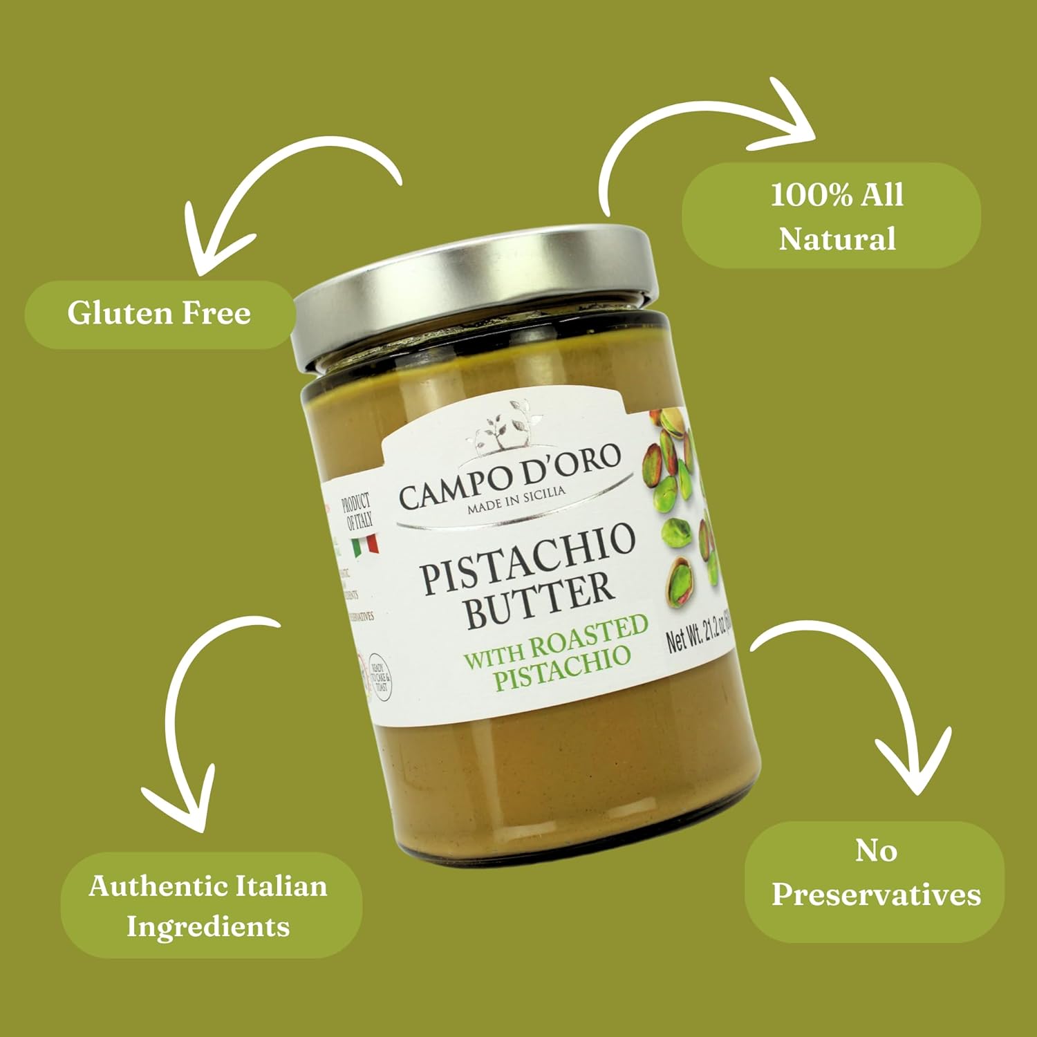 Campo D'Oro - Italian Pistachio Butter Cream, Big Jar 21.2 oz (600g), Famil Size, Sicilian Rich & Nutty Pistachio Spreand Cream for Dubai Chocolate Bars, Product of Italy