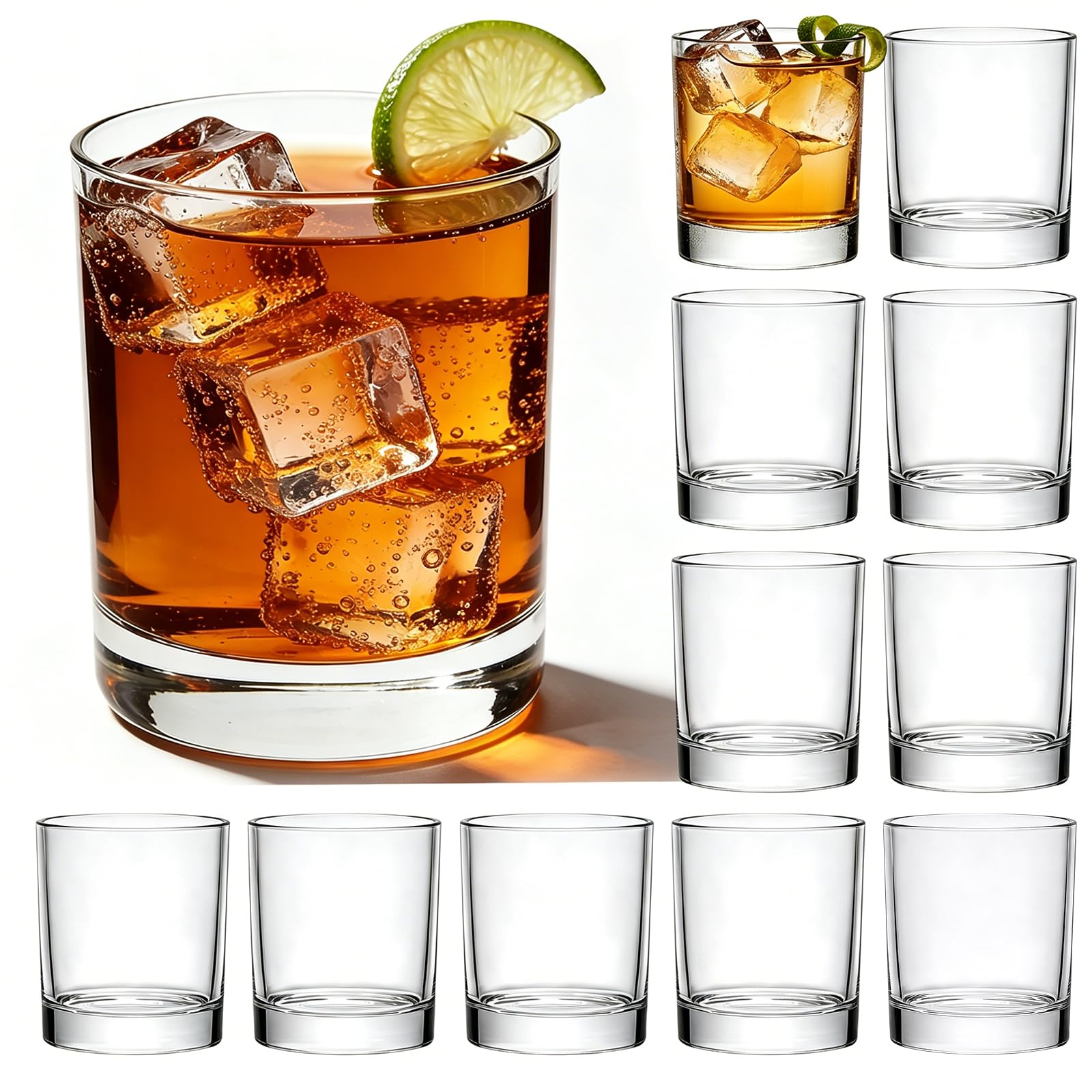 11oz Whiskey Glasses,Heavy Base Rocks Glasses Set of 12,Elegant Old Fashioned Glass Set for Bourbon,Cocktail,Whiskey,Oversized Ice Cubes,Bar
