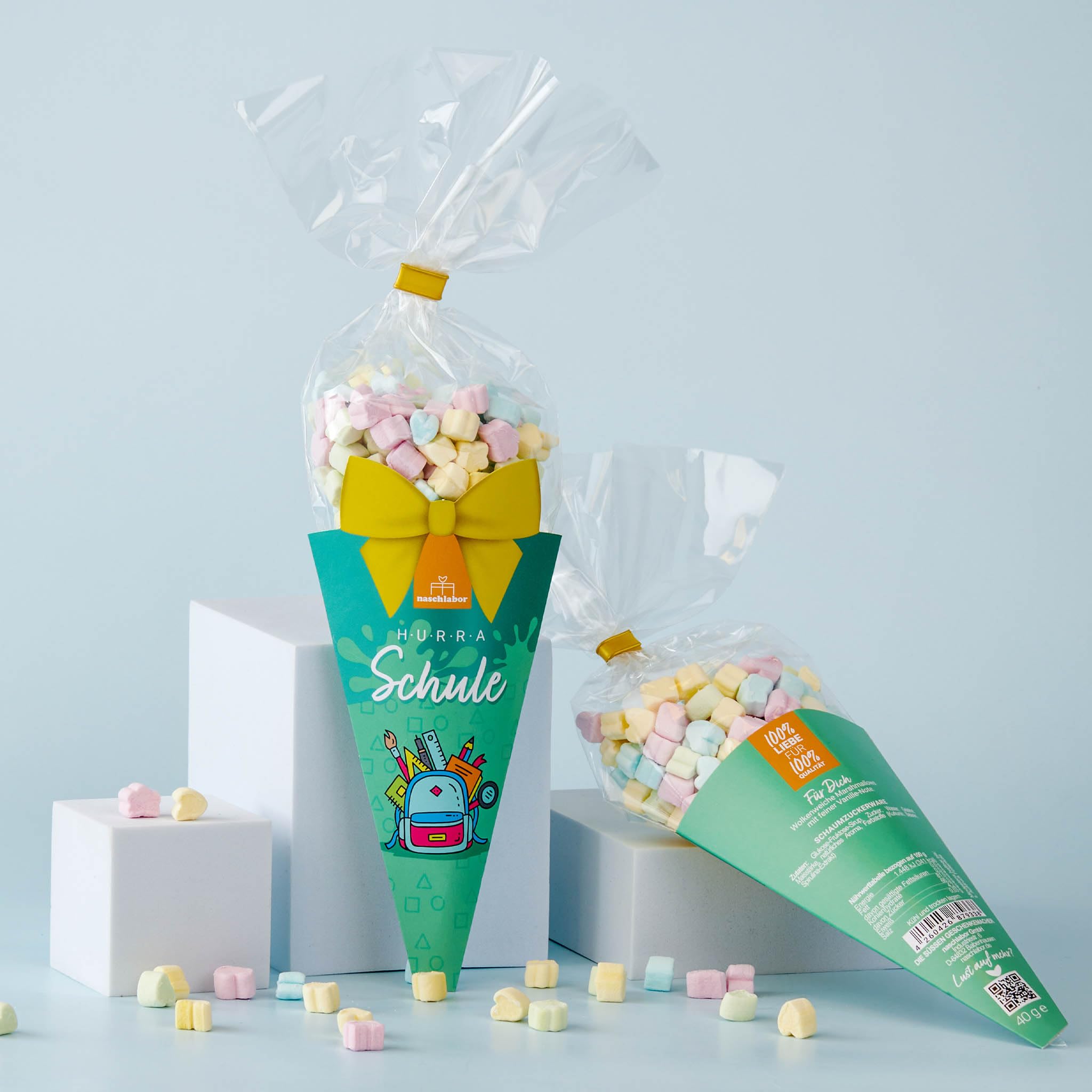 Schultüte - Hurra Schule 40g Marshmallows | Zum Verschenken | Kinder Geschenk | Einschulung | Schulstart | Perfekt für die Schultüte | Leckere Nascherei zum Schulanfang
