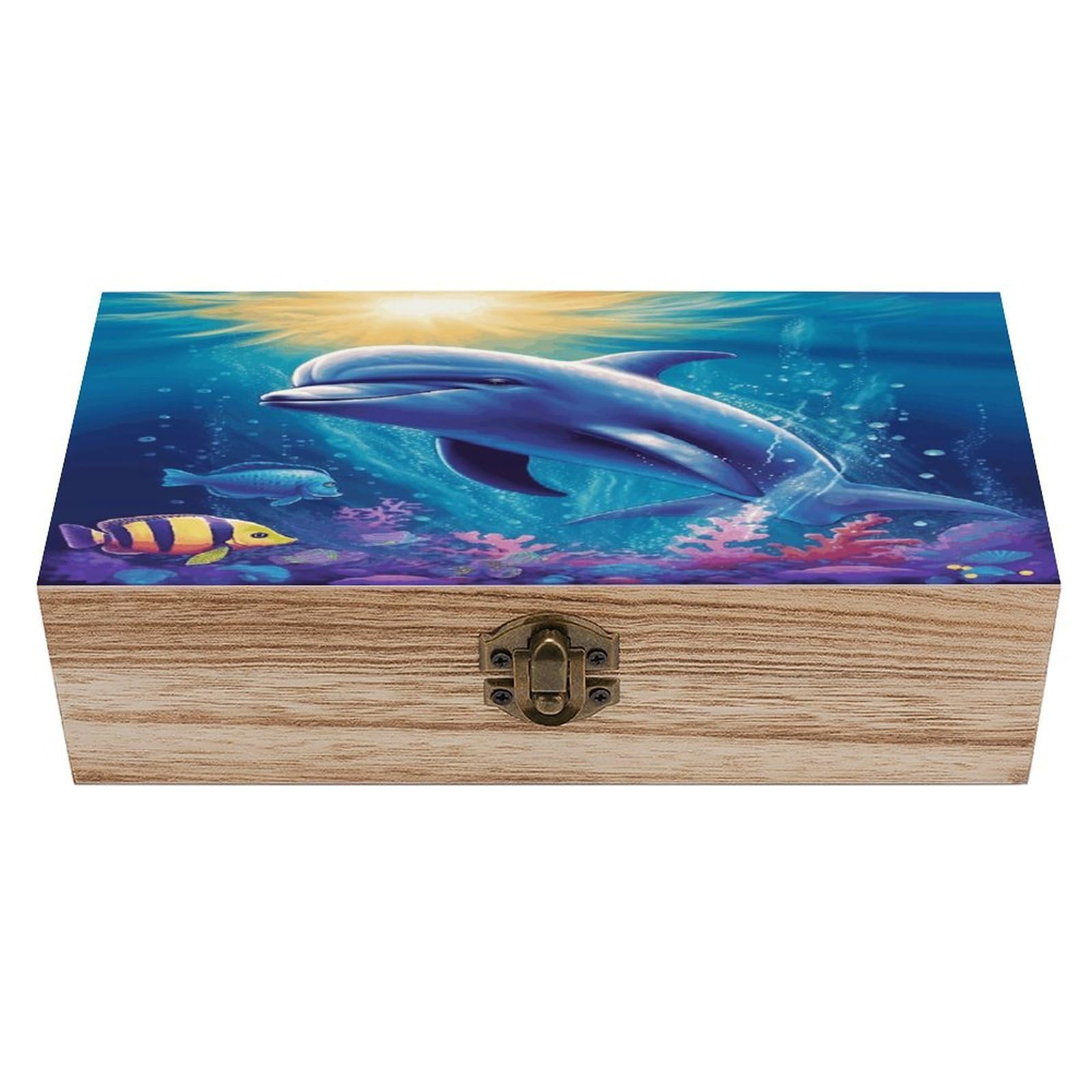 MUSM Cute Dolphin Wooden Storage Box Vintage Wood Box with Lid Exquisite Crafts DIY Wood Gift Boxes Fashion Jewelry Boxes Art Stash Keepsake Storage Case Large Jewelry Case