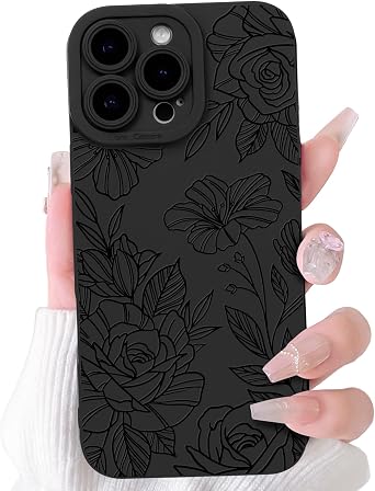 Lovmooful Compatible for iPhone 16 Pro Max Case Cute Cool Flower Floral Plants Design for Girls Women Soft TPU Shockproof Protective Girly for iPhone 16 Pro Max-Black Flower