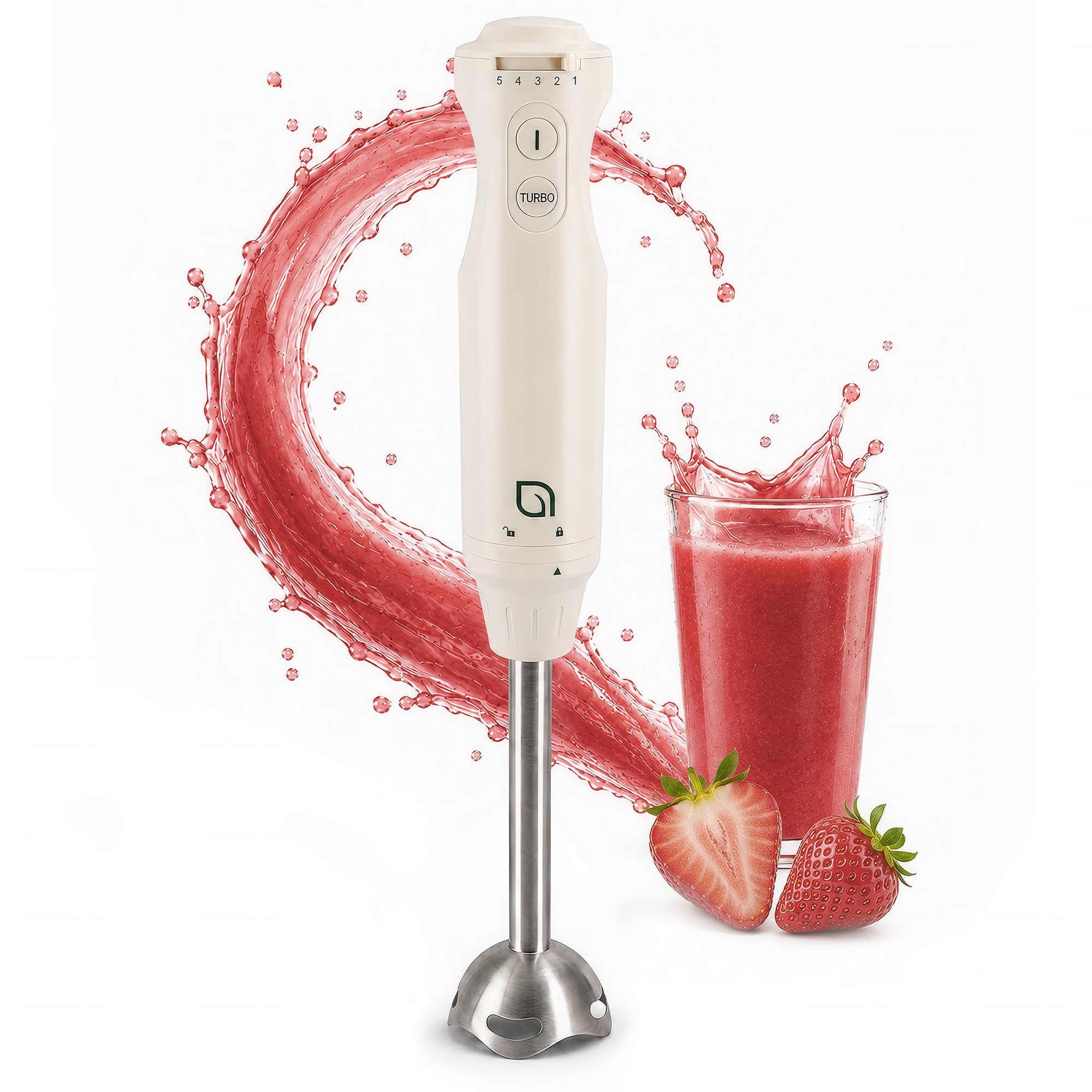 WILLOW Eco Series 5 Speed Immersion Blender Handheld, Powerful yet Quiet 500 Watt Electric Stick Blender with Turbo Mode &amp; Removable Base, Hand Blender for Soup, Smoothie, 304 Stainless Steel - WHITE