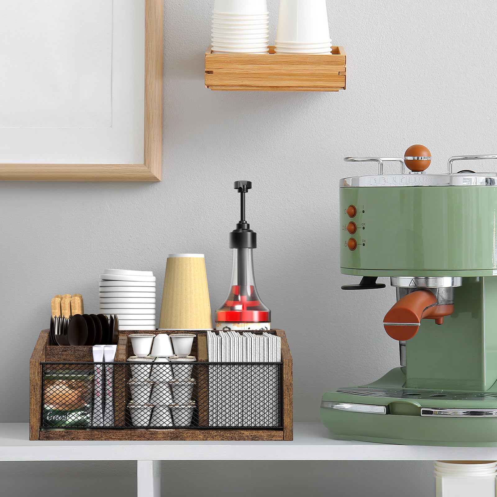 Organizador de Madera para Cafetería, Organizador de 5 Compartimentos para Accesorios de Cafetería con Divisores para Oficina - Perfecto para Servilletas, Azúcar, Suministros de Té, Cápsulas de Café