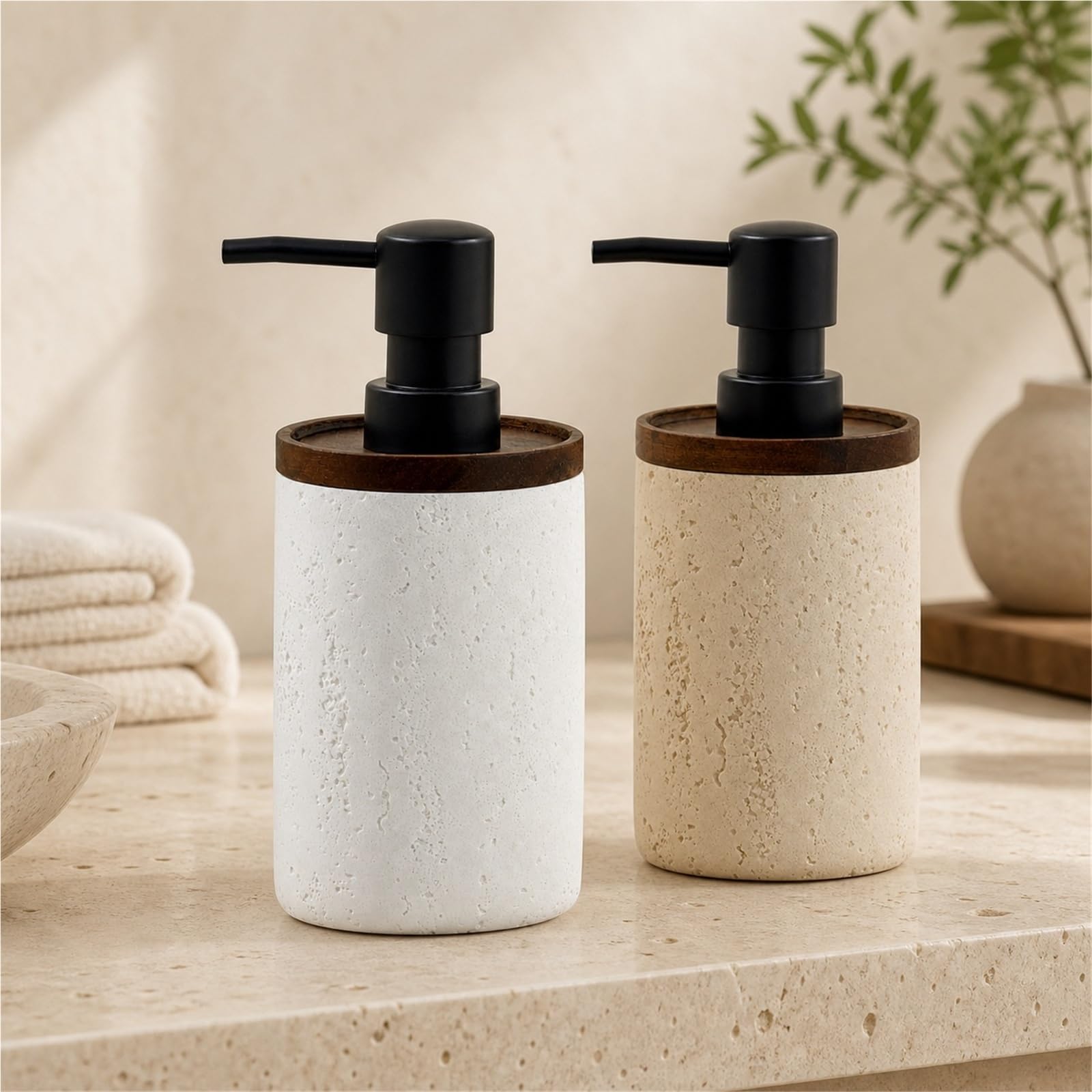 Dispenser Sapone In Arenaria Con Effetto Noce E Pompa A Pressione | Flacone Ricaricabile Effetto Pietra, Pompa Per Sapone, Lozione, Shampoo, Bagnoschiuma E Detersivo Piatti(White)