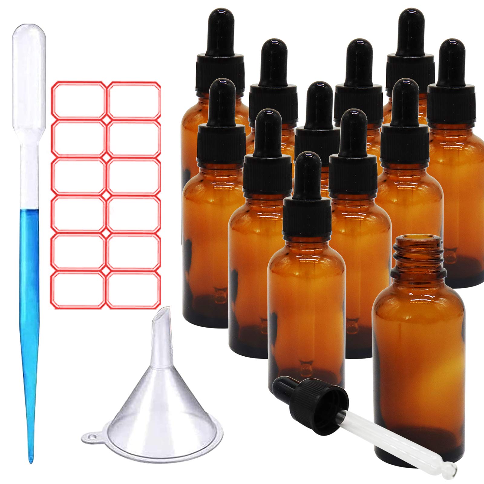 TUAKIMCE 12 X 30ml Amber Glass Bottle with Glass Pipette Empty Eye Glass Dropper Bottles Massage Oil Bottles Massage Oil Bottles Refillable for Essential Oil Aromatherapy Blends Massage Beauty Oil Mix