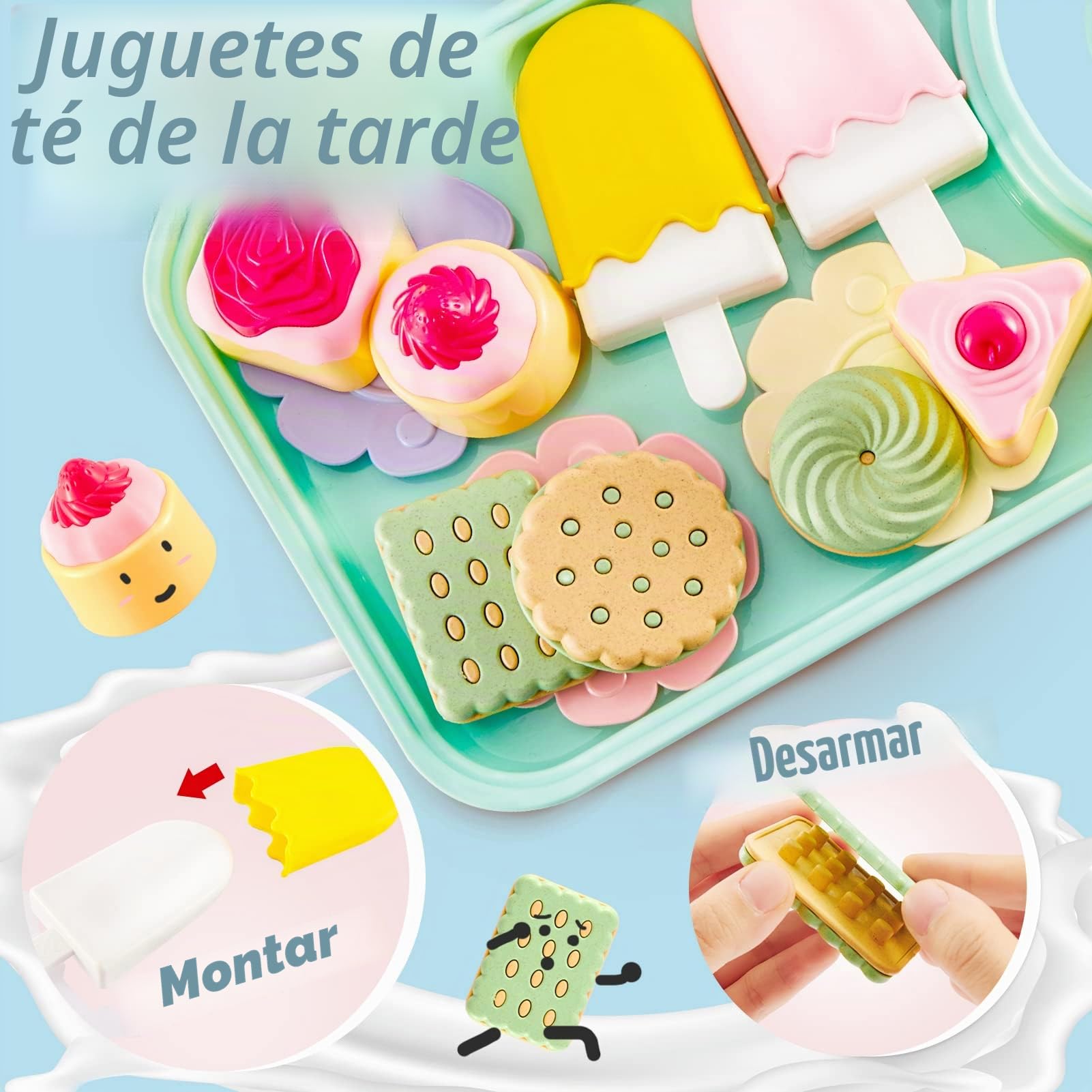 LINFUN KIDS Juego de Té Infantil Juguete con Tetera Postre, Alimentos Cocina Juguete con Platos, Juegos de Simulación Educativo Regalos para Niños Niñas 3 4 5 6 Años
