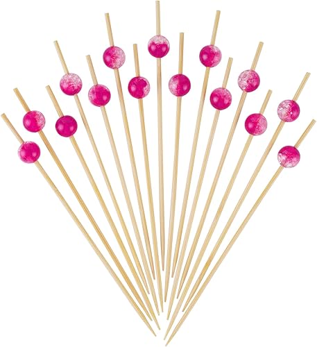 Minisland Palillos de cóctel rosa fucsia perla, palillos de bambú elegantes de 4.7 pulgadas de largo para aperitivos, pinchos decorativos para