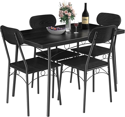 VECELO Mesa y sillas de comedor de cocina 4 manteles individuales incluidos Juego de comedor de 5 piezas, ahorro de espacio, negro mate