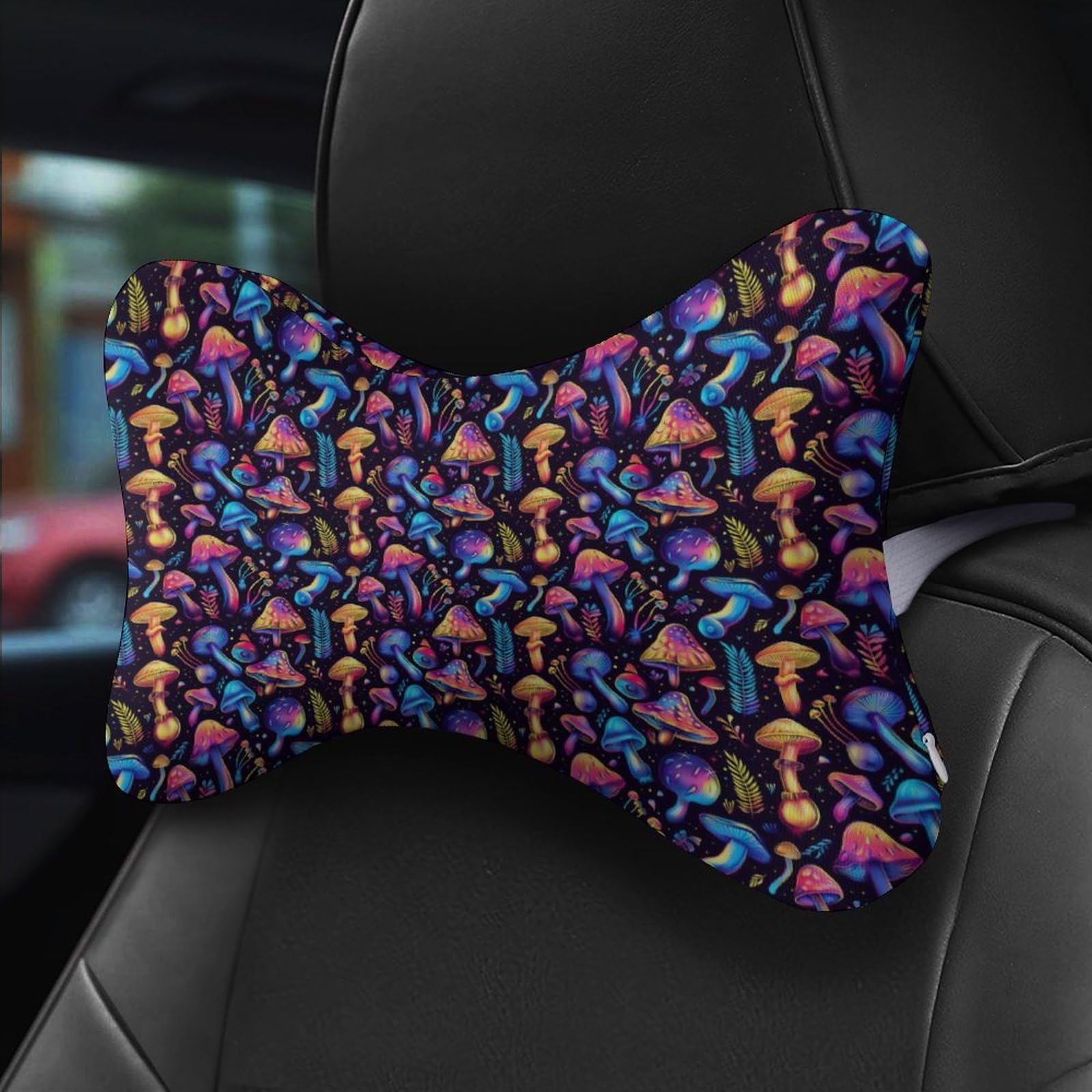 SMAZDFXX Colorful Neon Mushroom Car Neck Pillow Set of 2 Car Seat Head Support Cushion Bone Pillows with Elastic Strap