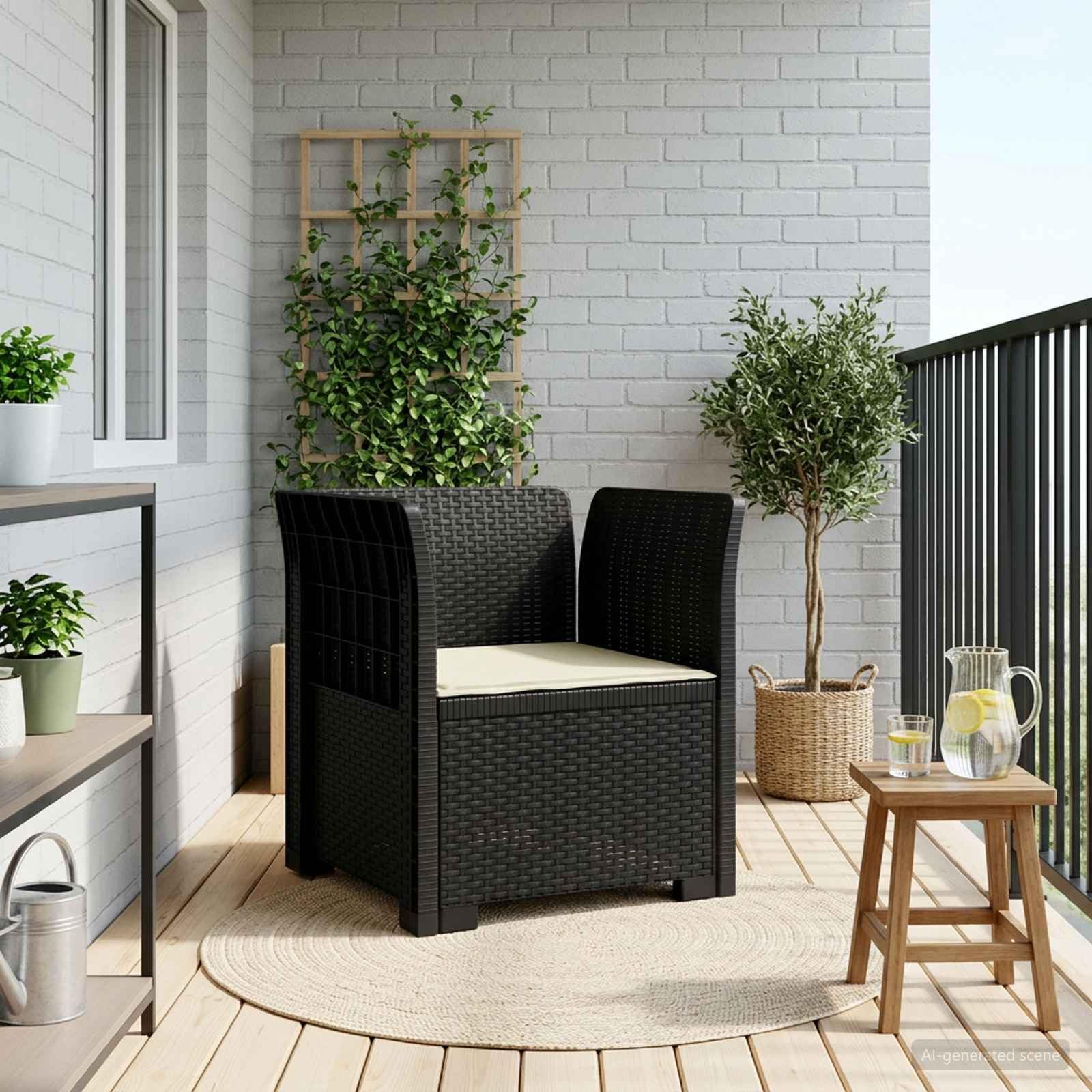 Sessel, 1-Sitzer, Rattan-Look, Polypropylen, Anthrazit | Langlebige Struktur, Kissen inklusive, für Garten, Balkon, Veranda, Montage erforderlich