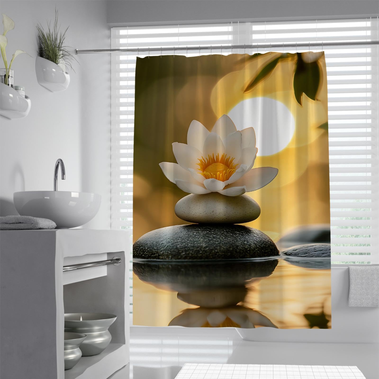 Coucher Soleil crépuscule Rideau Douche Lotus Pierres équilibrées Étang Rideaux Bain Douche pour hôtel Spa Salle Bain Décoration Étanche Séchage rapi200 x 240 cm