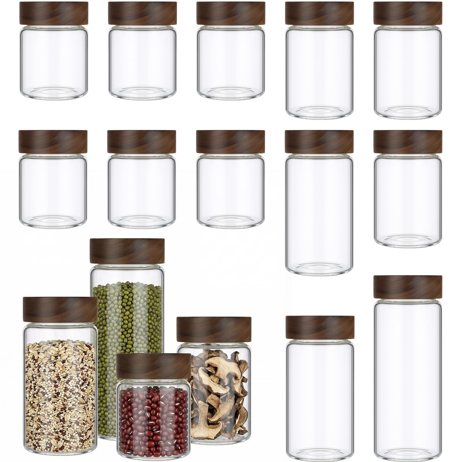 Rtteri 12 Stück klare Glas-Kaffeedosen mit luftdichtem Holzschraubdeckel, 4 Kapazitäten, Lebensmittelbehälter, niedlicher dekorativer Glasbehälter für Süßigkeiten, Kekse, Zucker, Haferflocken, Salz