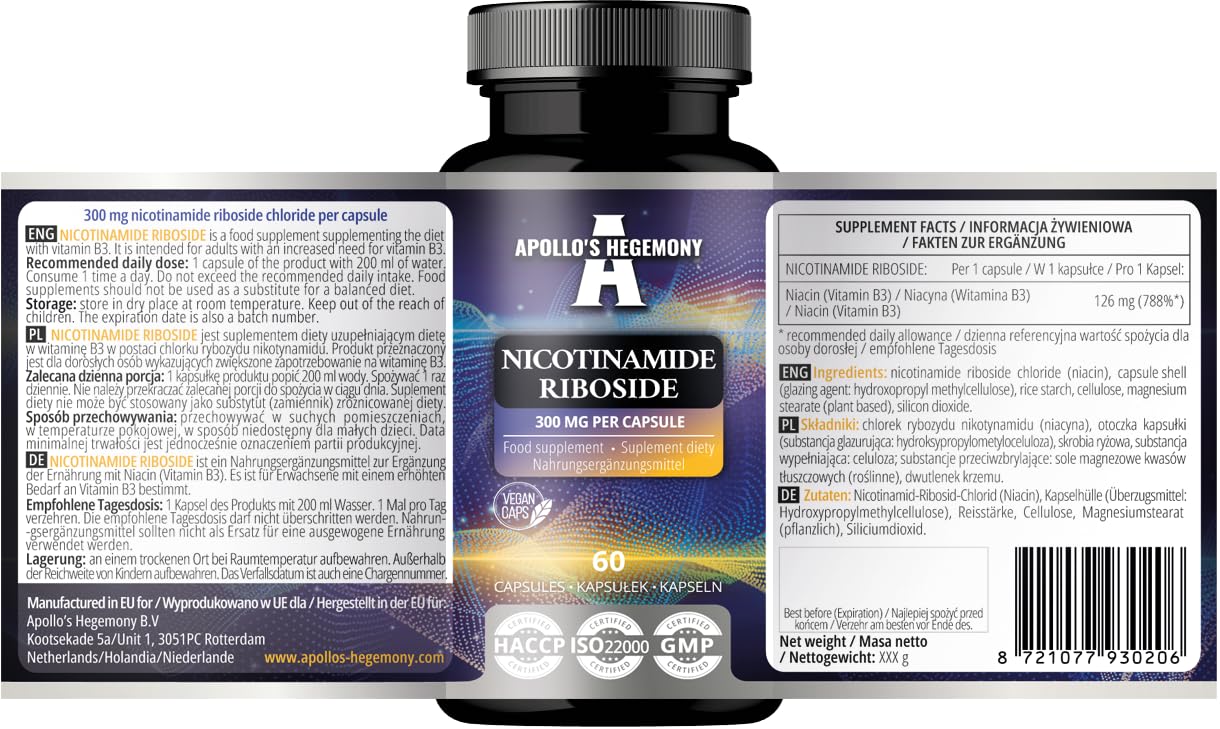 Rybozyd nikotynamidu (NR) 300 mg - 60 wegańskich kapsułek niacyny - zapas na 2 miesiące - suplement witaminy B3 wspomagający metabolizm energetyczny i zmniejszający zmęczenie - Apollo's Hegemony