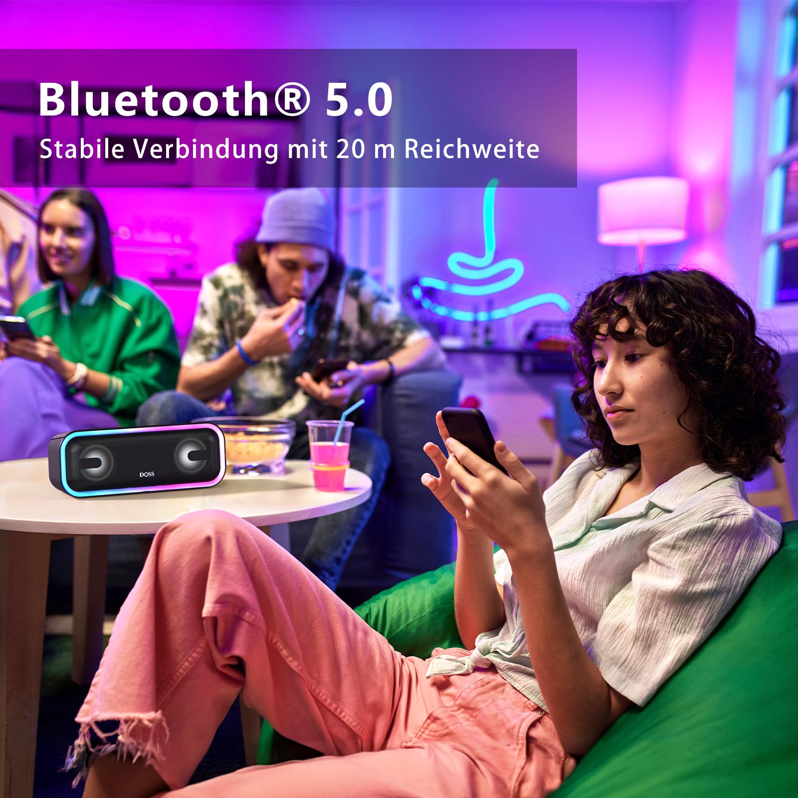 DOSS Bluetooth-Lautsprecher, DOSS SoundBox Pro kabelloser Bluetooth-Lautsprecher mit beeindruckendem 24-W-Sound, dröhnendem Bass, 15 Stunden Spielzeit, kabelloser Stereo-Kopplung, gemischten Farblicht
