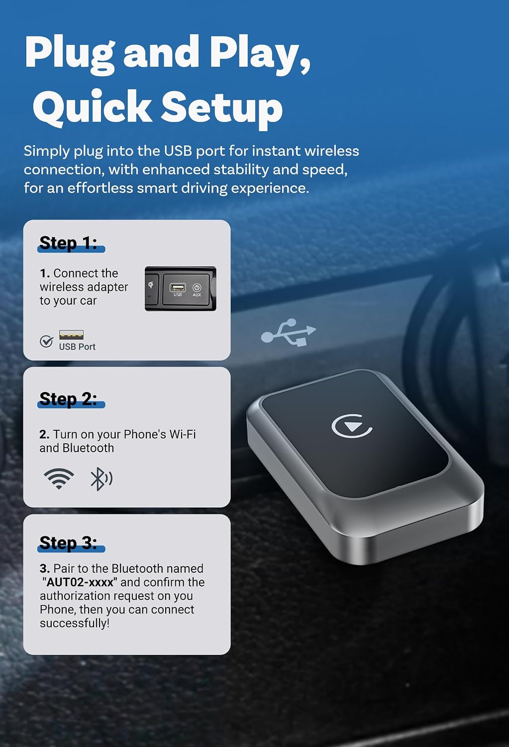 2026 Upgraded 2-in-1 Wireless CarPlay Adapter – Supports CarPlay & Android Auto, 5GHz WiFi 6 & Bluetooth 5.4 Connection, Bright Silver - 6