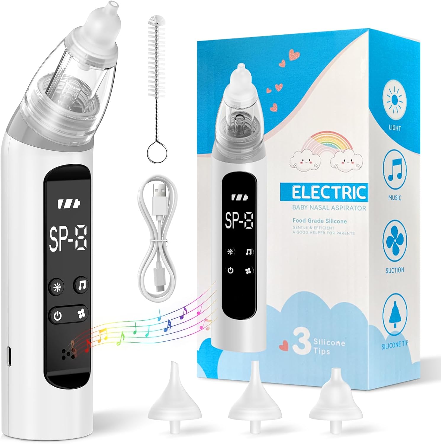 Electric Nasal Aspirator for Baby,FDA Cleared Toddlers Nose Sucker with 3 Soft Silicone Tips,3 Suction Levels Nasal Aspirator for Infant,Newborn,Adult,Kids,Built-in Music and Light