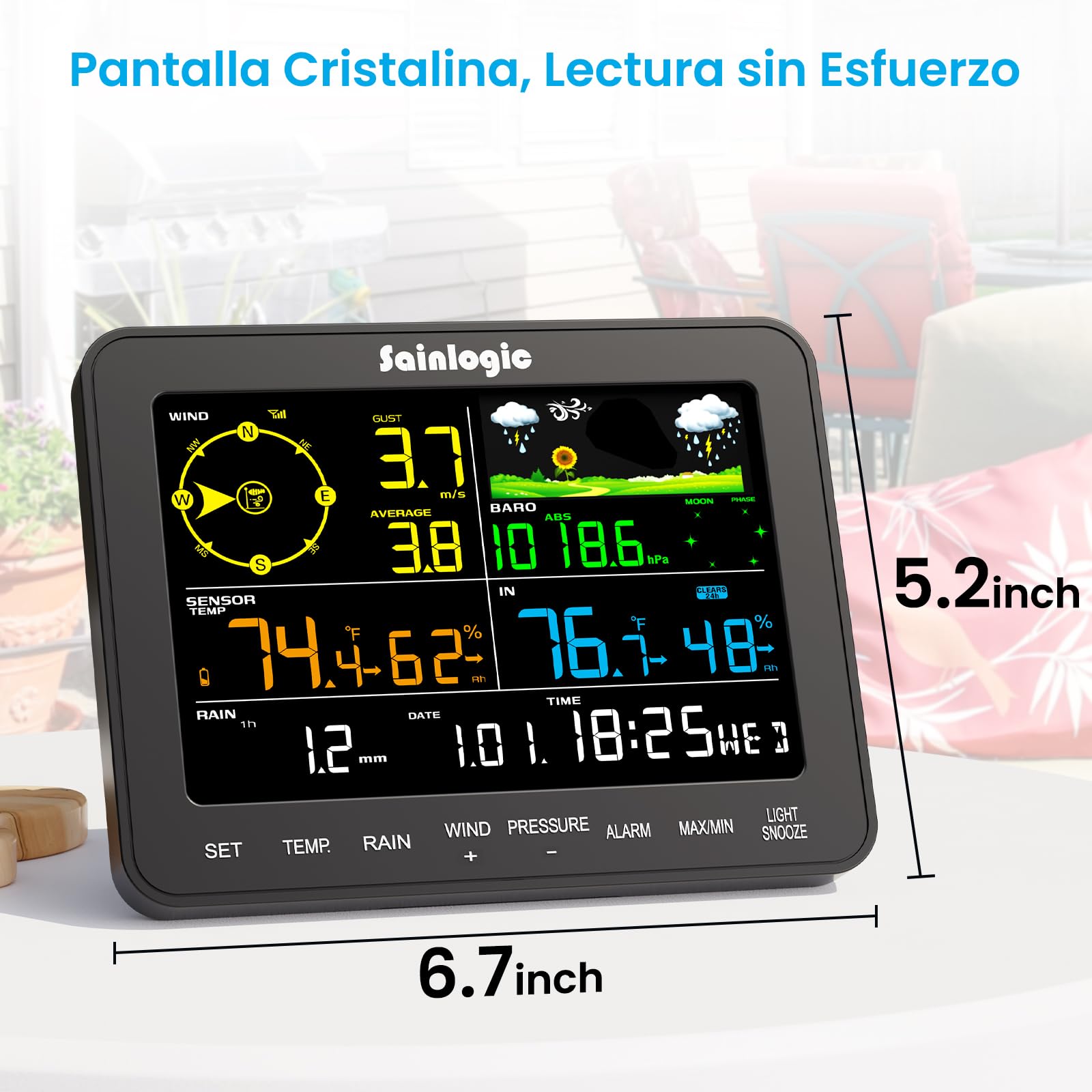 Sainlogic 5-in-1 Estación Meteorológica Interior Exterior, Estaciones Meteorológicas con Anemómetro, Termómetro, Higrómetro Digital, Pronóstico del Tiempo, Presión Atmosférica, Despertador