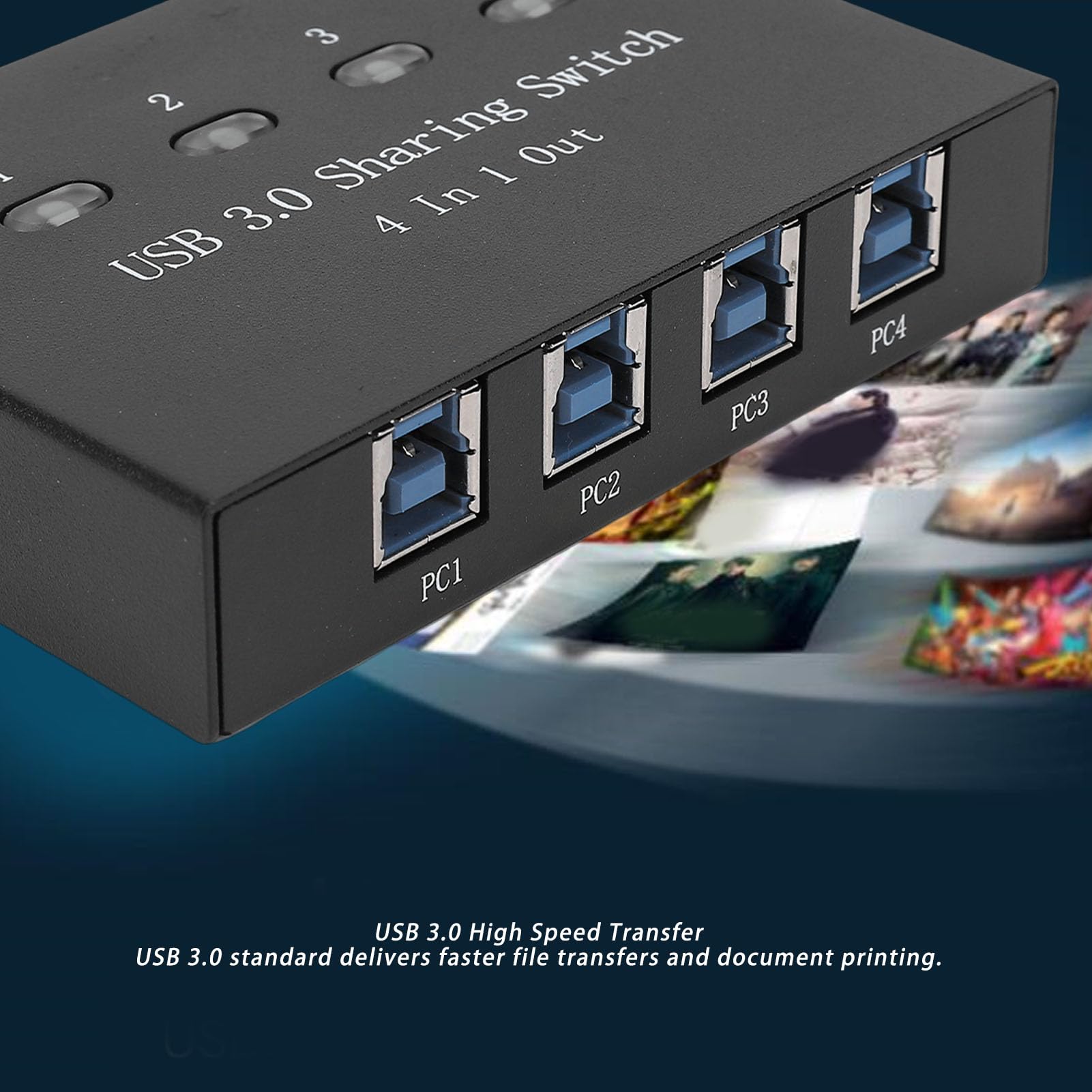 Jectse Switch per Condivisione Stampante USB 3.0, Commutatore Manuale 4 in 1 Uscita per Computer, con Connessione Stabile per più Sistemi Operativi e OS X