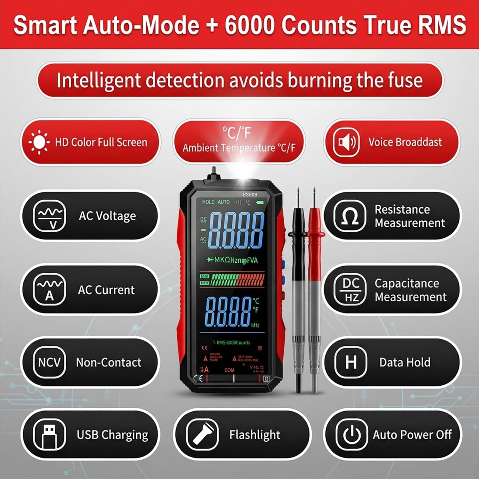 Rechargeable Digital Multimeter 6000 Counts True RMS Smart Tester with 5-Inch Screen, Auto-Range, NCV Detection, Capacitance & Temperature for Home Automotive Industrial Electrical Repairs (Red) — Amazon image 2