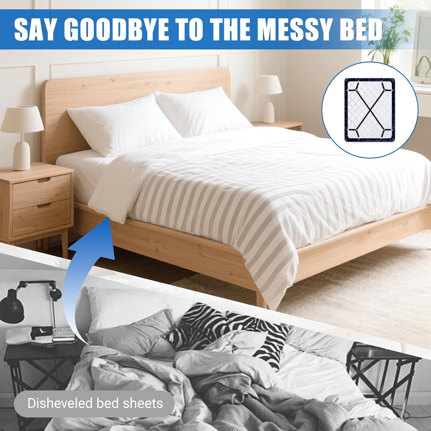 4pcs Bed Sheet Straps with Metal Clips, Sheet Holders Adjustable Elastic,Grippers Upgrade for Crib to King Size Bed Keep Sheets in Place.
