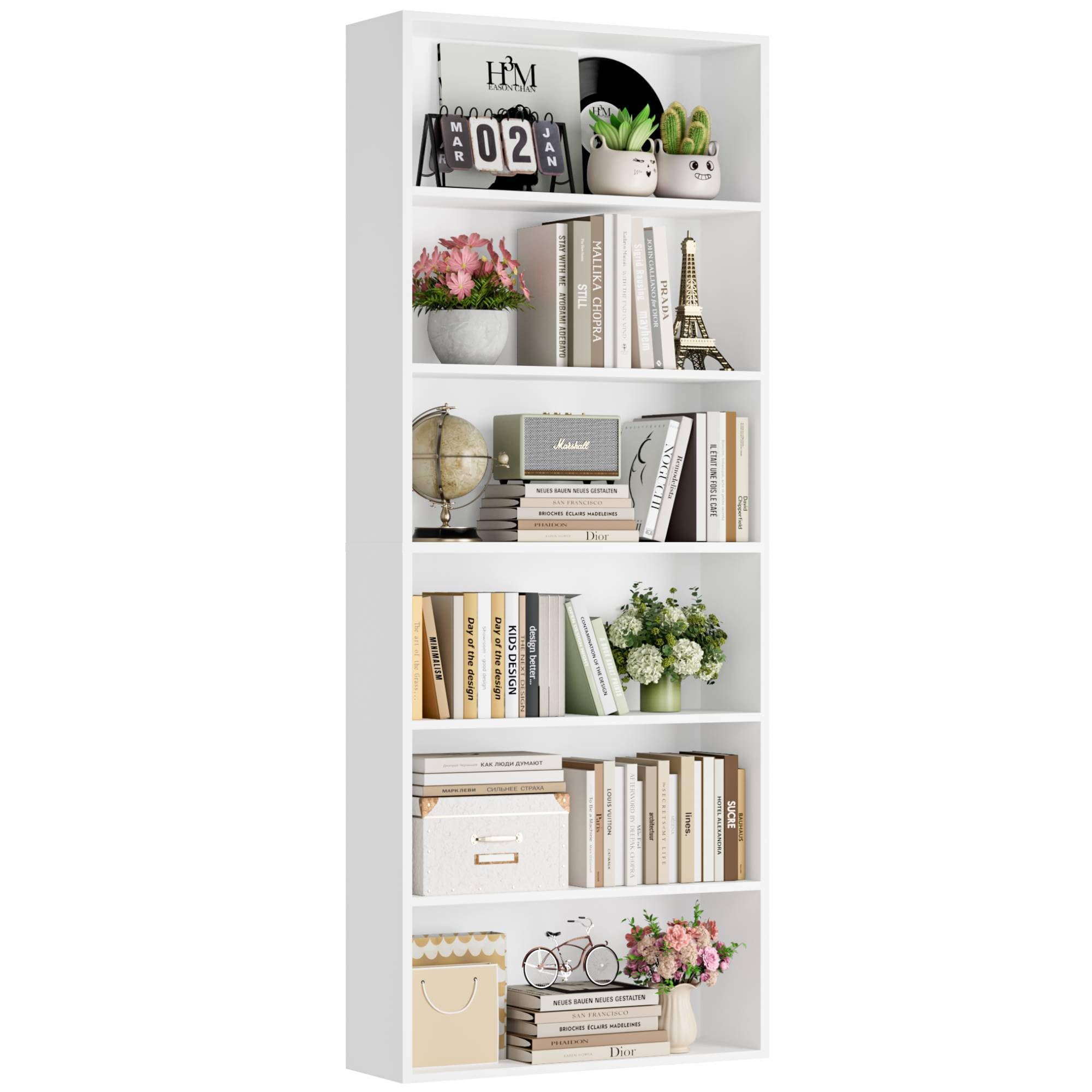 FOTOSOK 6-Tier Open Bookcase and Bookshelf, Freestanding Display Storage Shelves Tall Bookcase for Bedroom, Living Room and Office, White