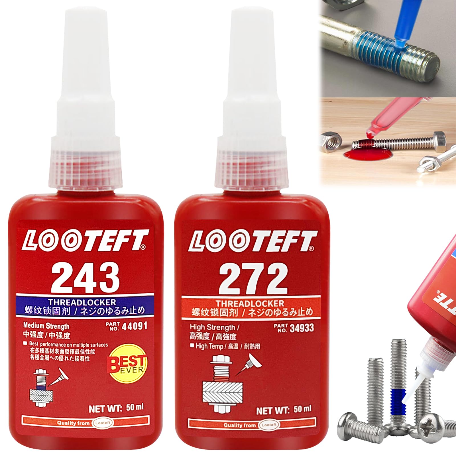 Fija Tornillos Azul y Rojo 2×50 ml – Fijador de Tornillos de Resistencia Media y Alta, Pegamento Anaeróbico para Roscas Metálicas, Tuercas y Pernos, Anti-Aflojamiento y Anti-Fugas