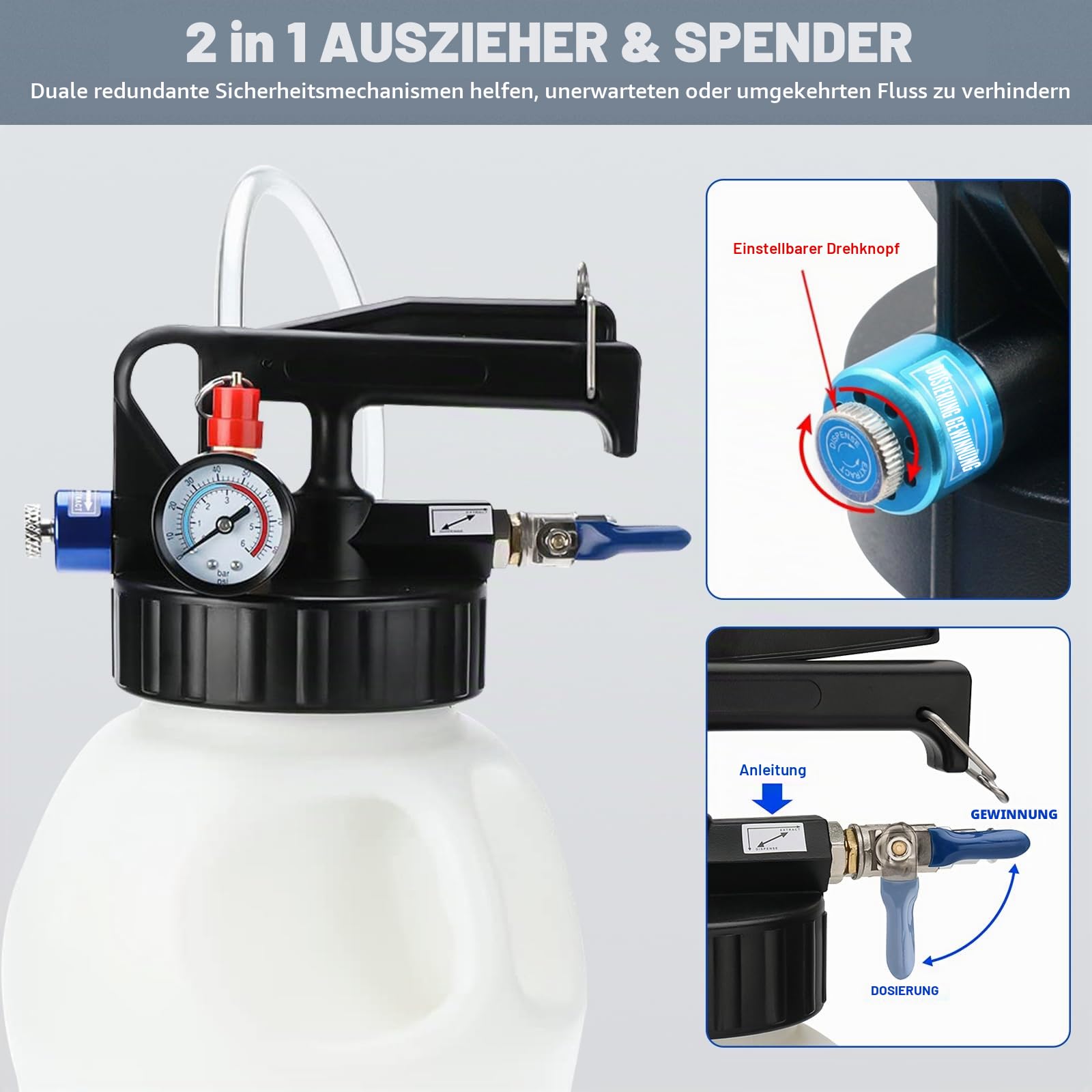 FreeTec Getriebeöl Einfüllgerät,10L Pneumatische Getriebeöl Pumpe, 2 en 1 Ölabsaugpumpe und Öl Einfüllgerät mit 14tlg ATF Adaptersatz für Auto Traktor