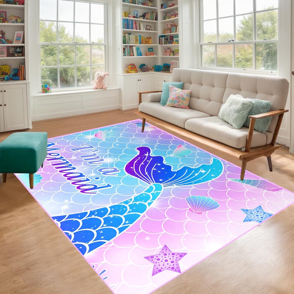 Cartoon Mermaid Rugs for Girls Lovely Kids Room Decor Carpets Pink Mermaid Theme Soft Carpet Sofa Floor Mat for Living Sitting Playing Room, 4'×5'